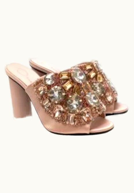 Oscar De La Renta Oscar De La Renta Blush Satin Crystal Studded Heeled Mules