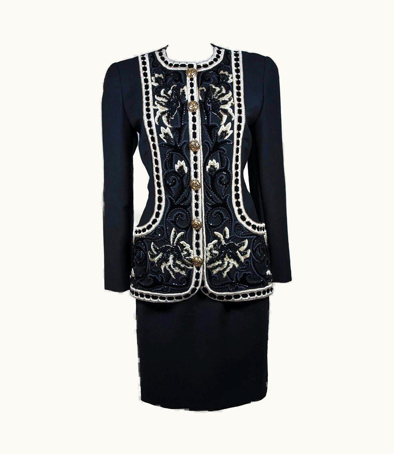 Oscar De La Renta Oscar De La Renta Couture Embellished Black Wool Skirt Suit