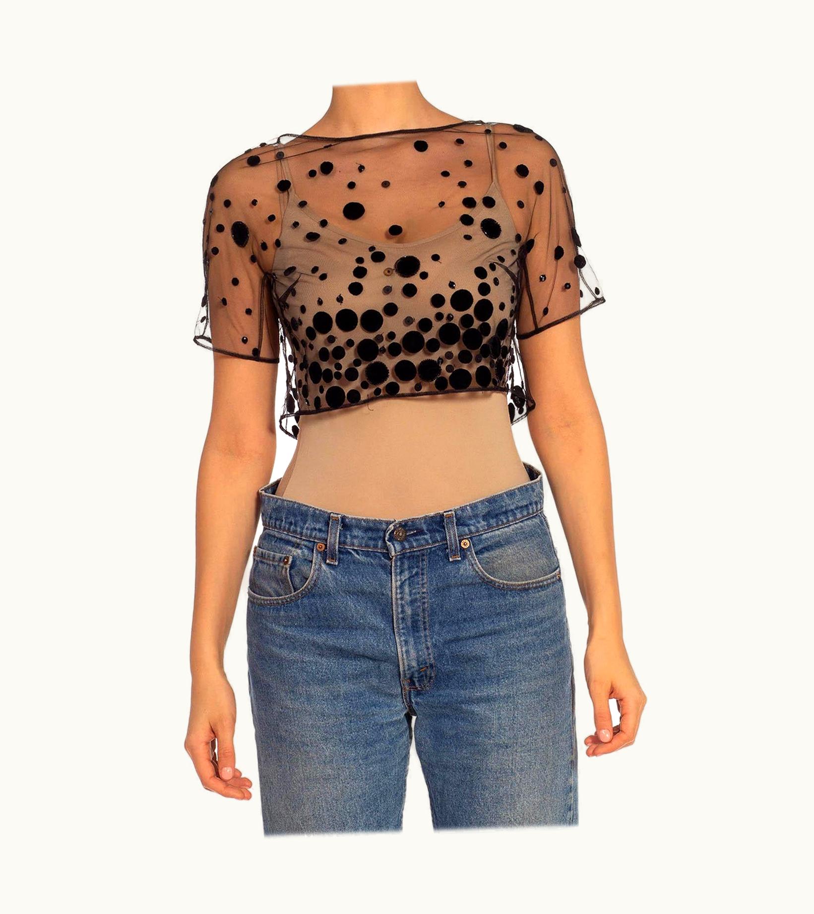Oscar De La Renta Oscar De La Renta Black Hand Beaded Velvet Attributed Appliqués Top