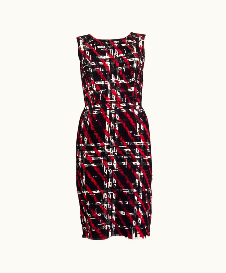 Oscar De La Renta Oscar De La Renta Red Black Silk Sequin & Leather Sheath Dress 0 Xxs