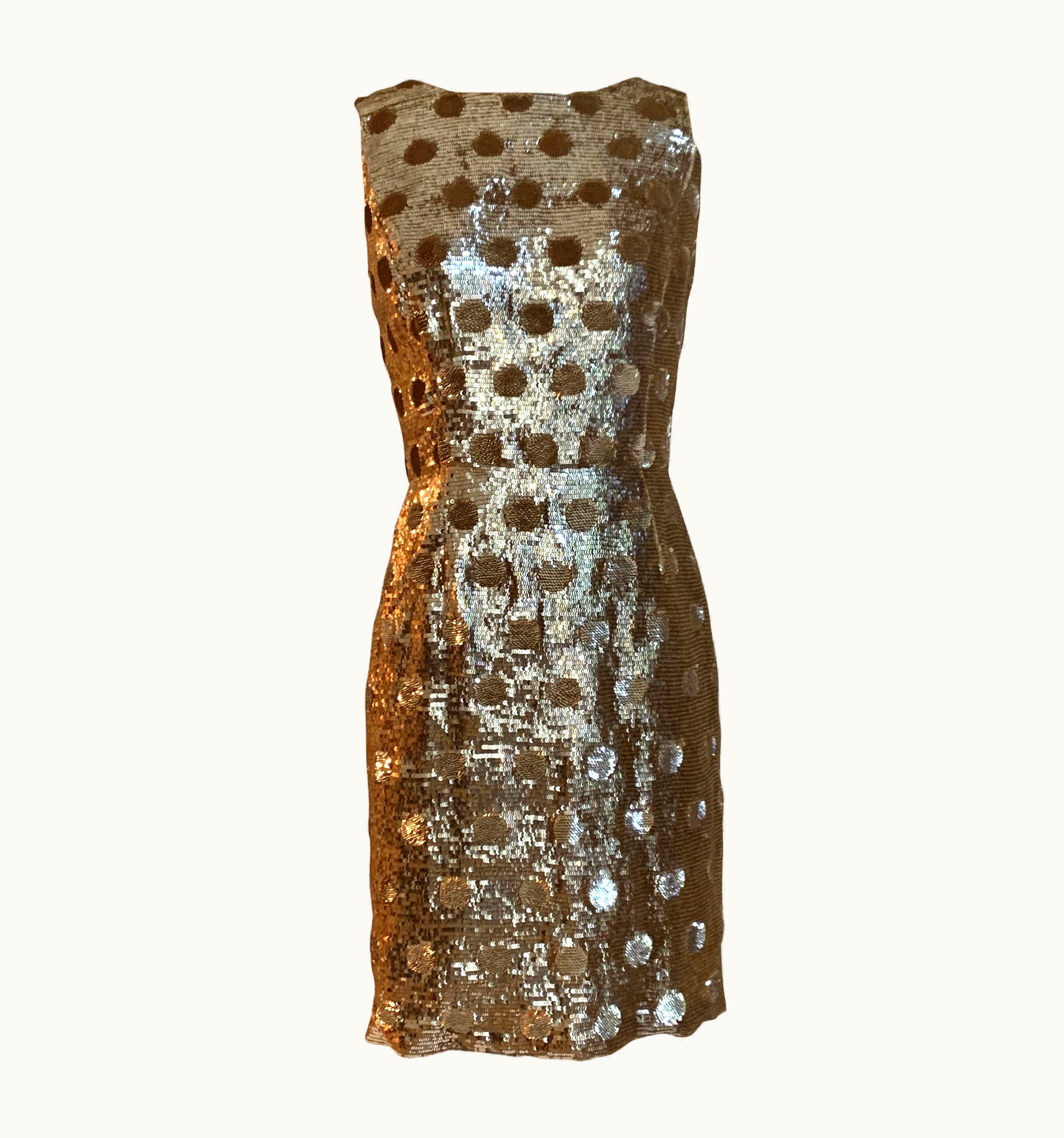 Oscar De La Renta Oscar De La Renta Gold Sequin Polka Dot Sleeveless Cocktail Dress