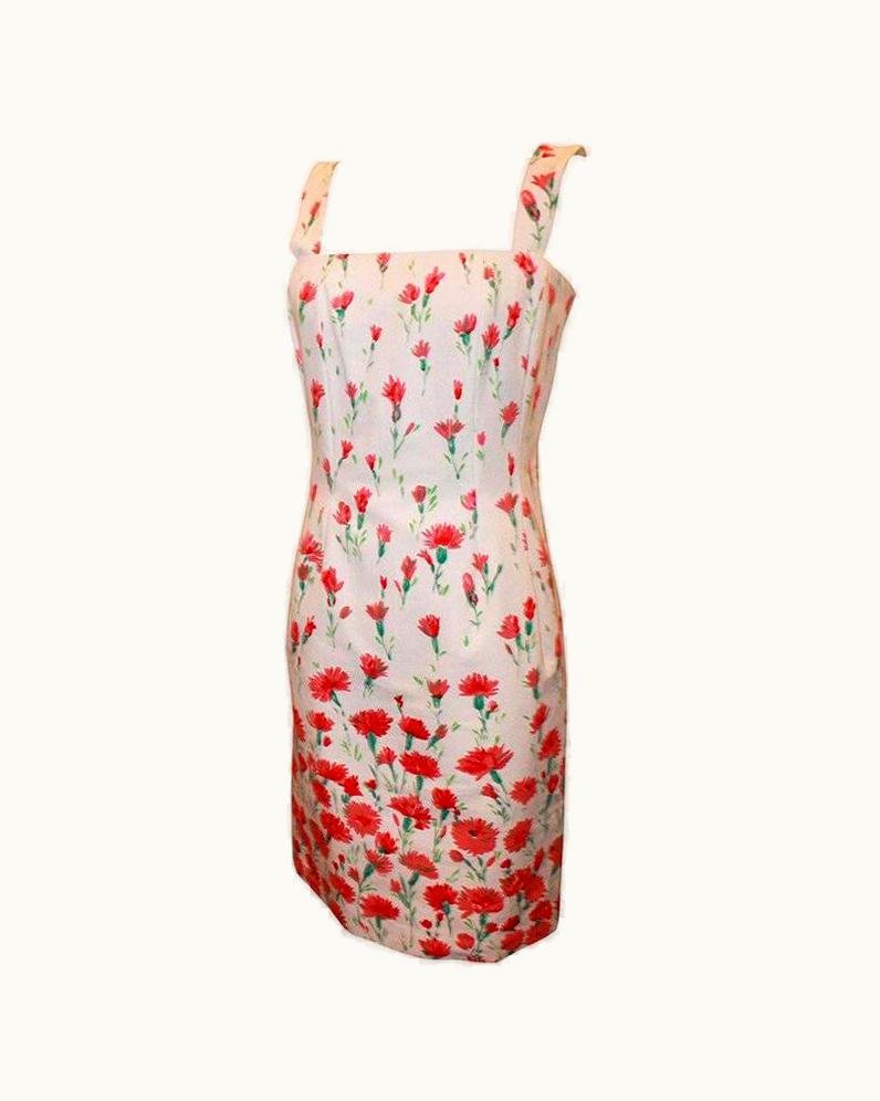Oscar De La Renta Oscar De La Renta White And Red Floral Print Cotton Dress