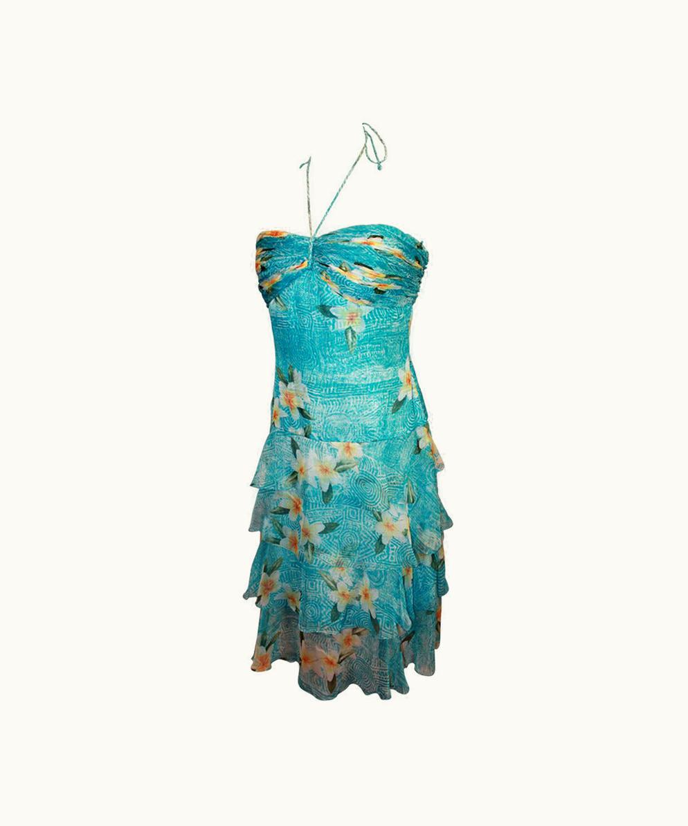 Oscar De La Renta Oscar De La Renta Blue Hawaiian Print Halter Dress & Shawl