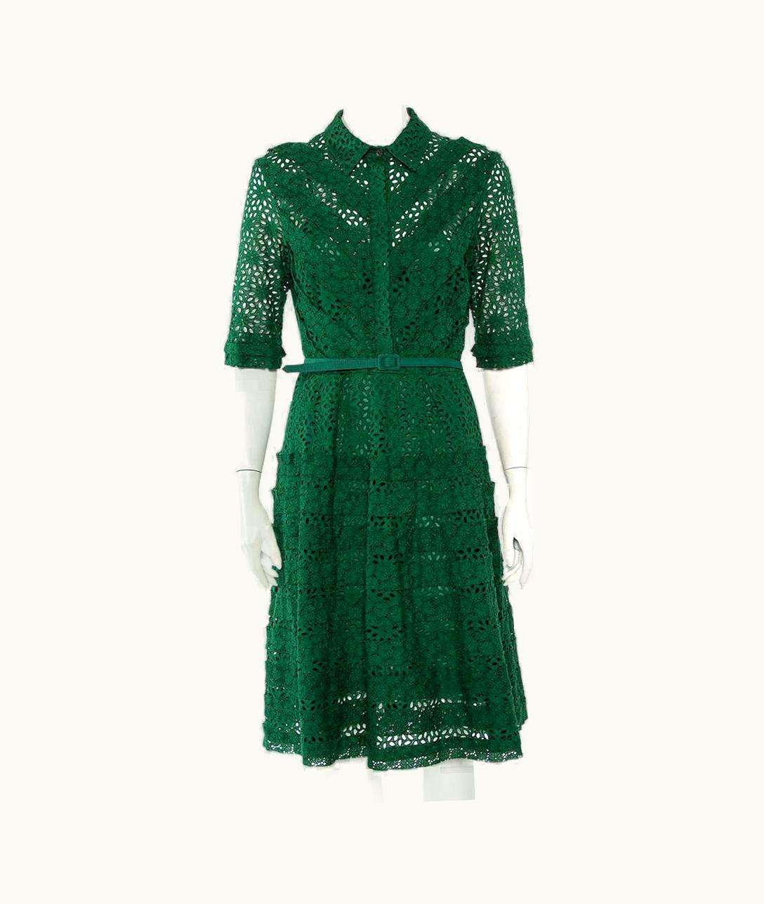 Oscar De La Renta Oscar De La Renta Green Eyelet Lace Belted Midi Dress