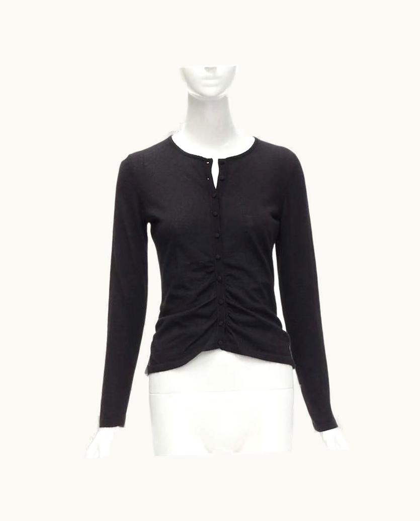 Oscar De La Renta Oscar De La Renta Silk Cashmere Gathered Front Black Cardigan