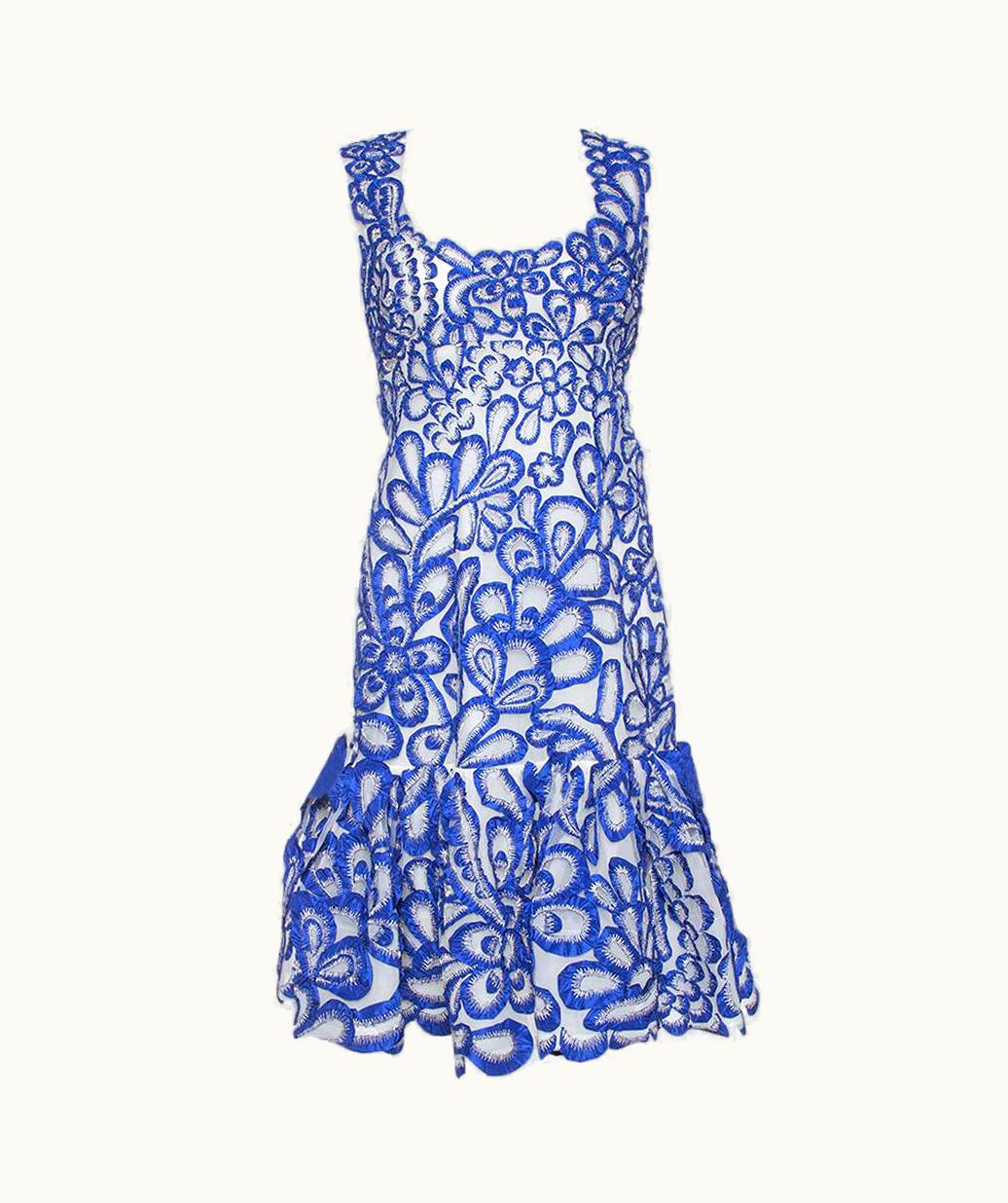 Oscar De La Renta Oscar De La Renta Blue Floral Embroidered Mesh Sleeveless Dress
