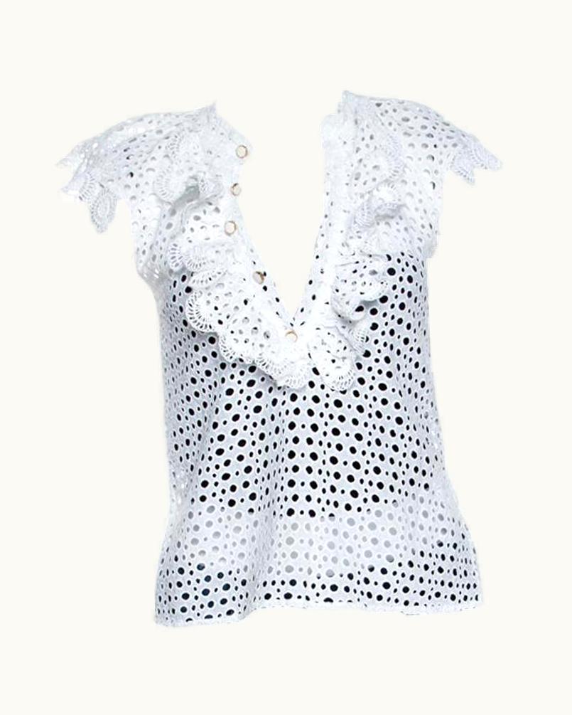 Oscar De La Renta Oscar De La Renta White Eyelet Lace Ruffle Detail Top
