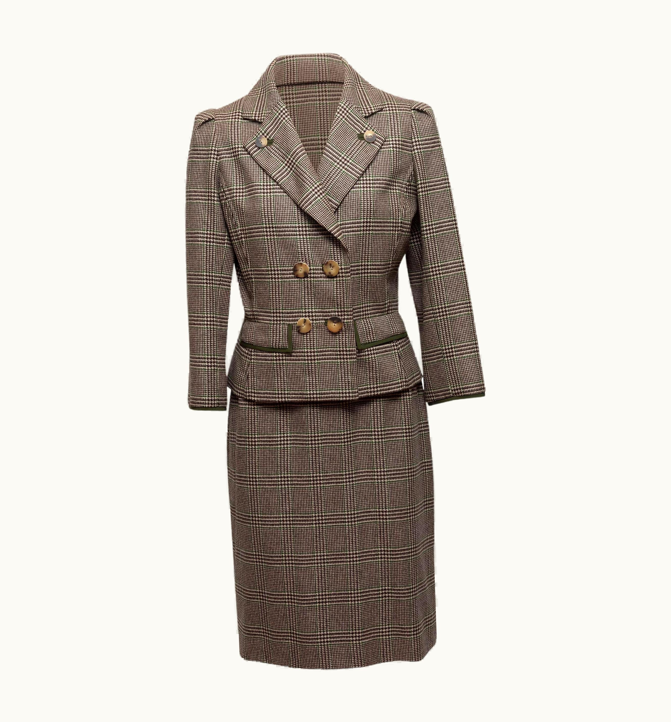 Oscar De La Renta Oscar De La Renta Brown & Multicolor Cashmere Glen Check Skirt Suit