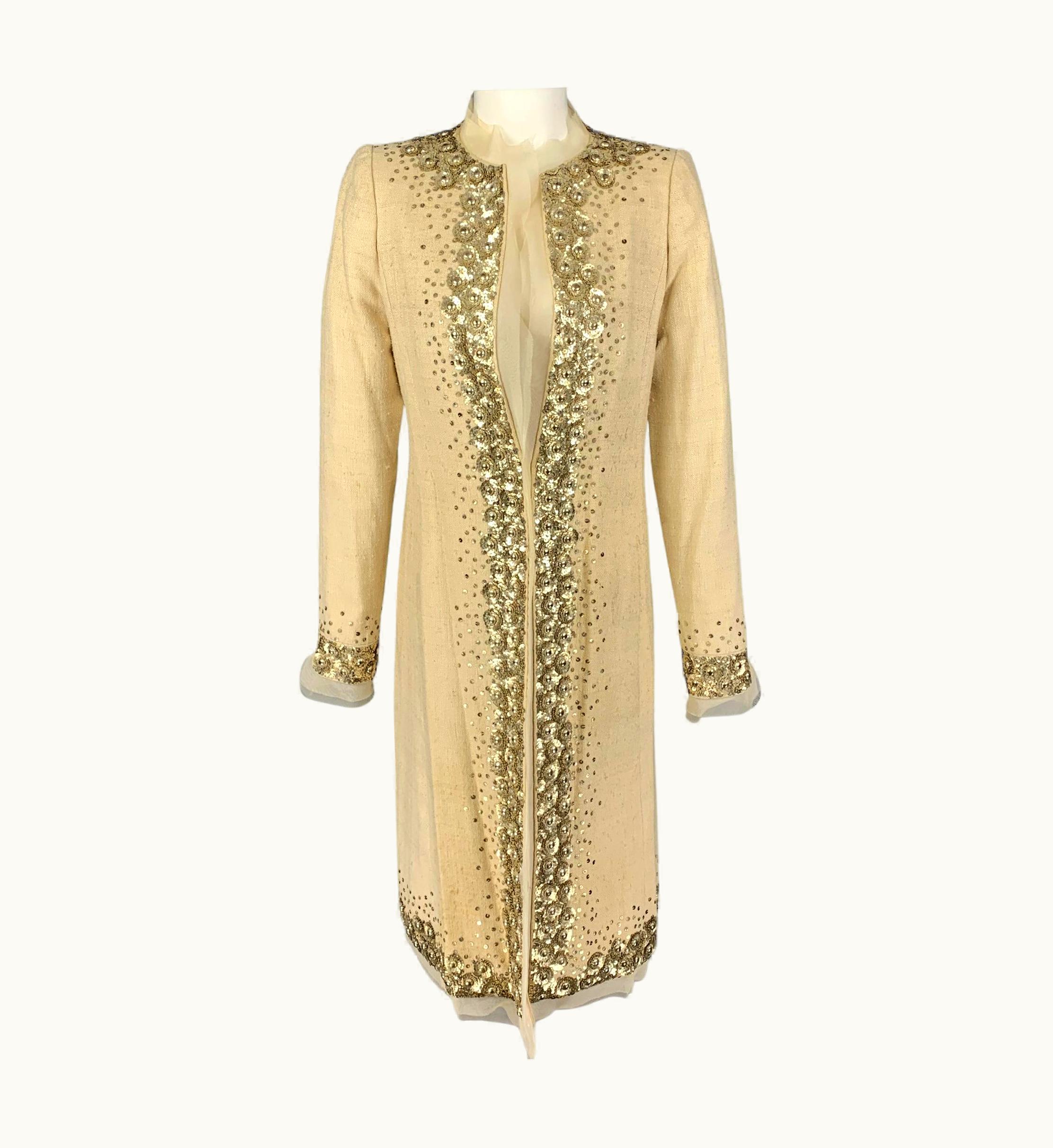 Oscar De La Renta Oscar De La Renta Beige Sequined Open Front Coat