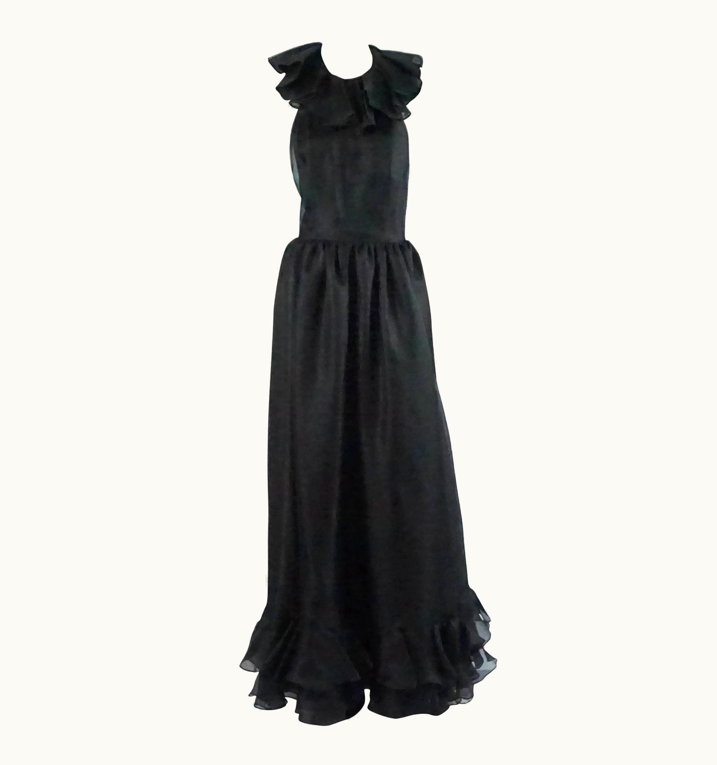 Oscar De La Renta Oscar De La Renta Black Linen Halter Gown With Ruffles, 1990s