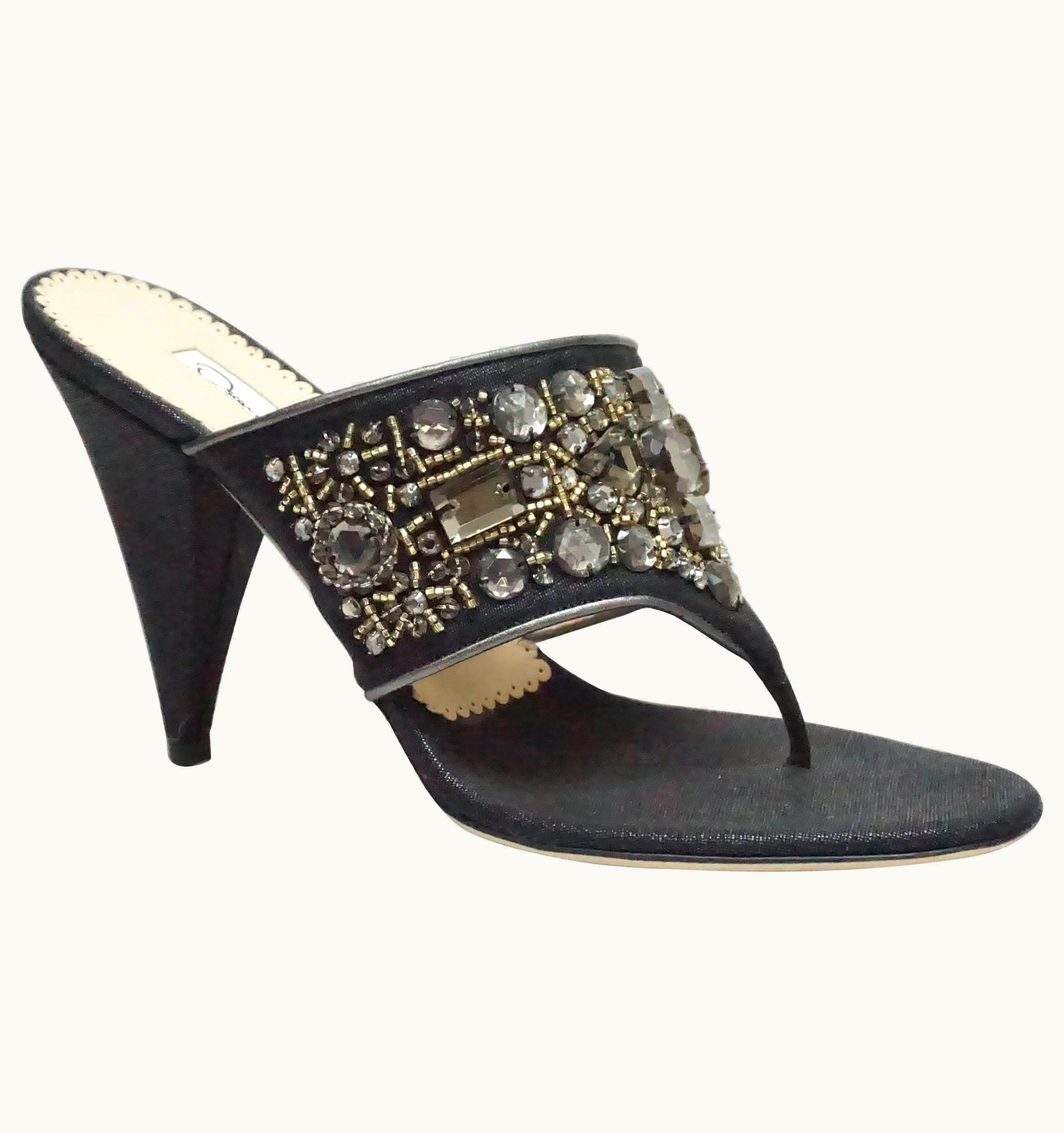Oscar De La Renta Oscar De La Renta Black Linen High Heel Thong Strap