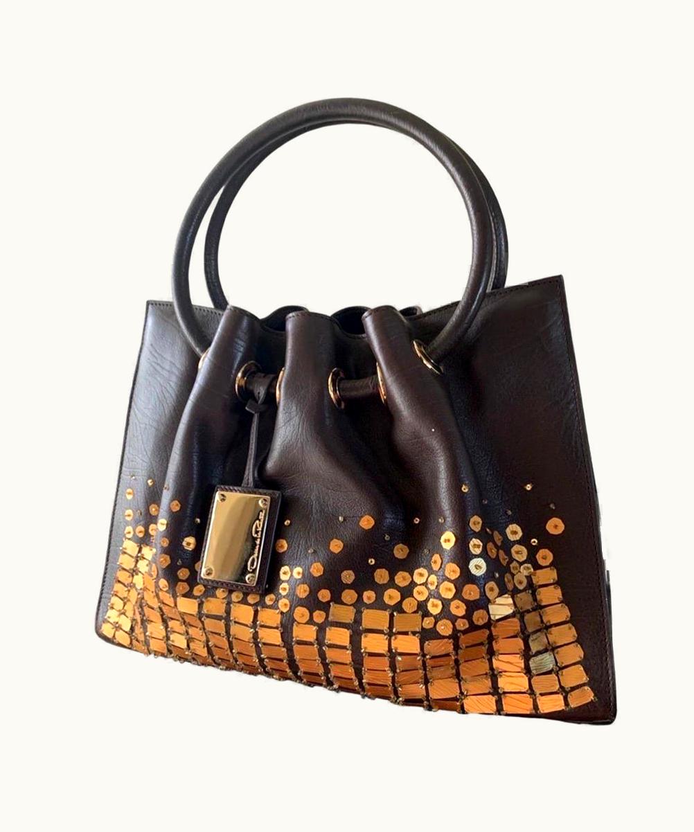 Oscar De La Renta Oscar De La Renta Hand Beaded Brown Leather Handbag, Italy. Nwot
