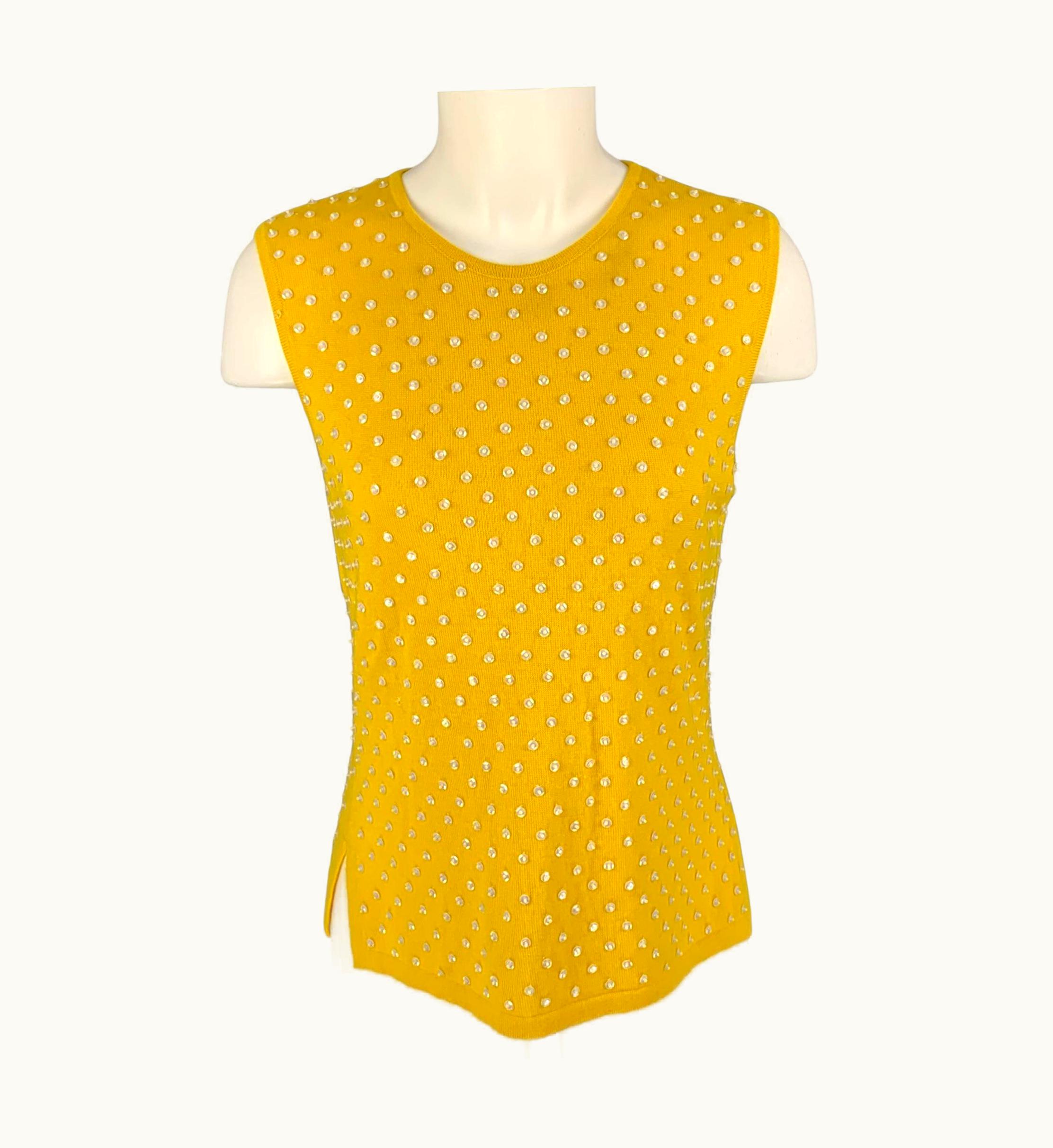 Oscar De La Renta Oscar De La Renta Yellow Cashmere Beaded Sleeveless Pullover
