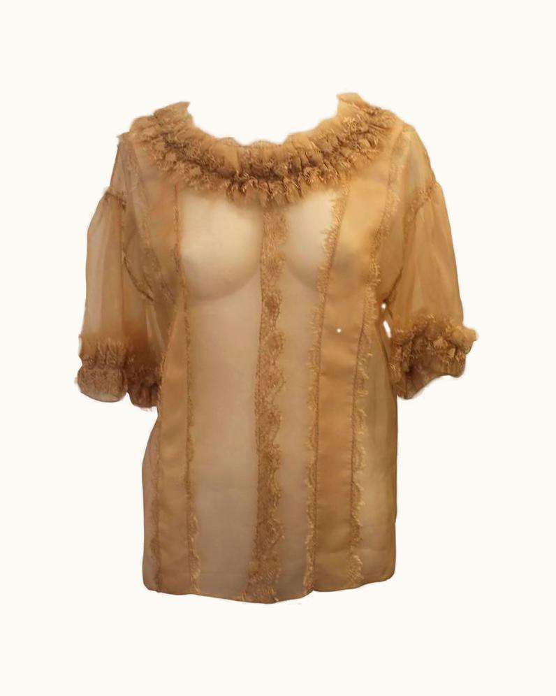 Oscar De La Renta Oscar De La Renta Champagne Silk Chiffon Blouse With Lace