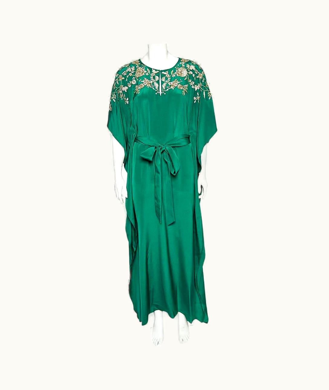 Oscar De La Renta Oscar De La Renta Green Silk Embellished Belted Kaftan Dress