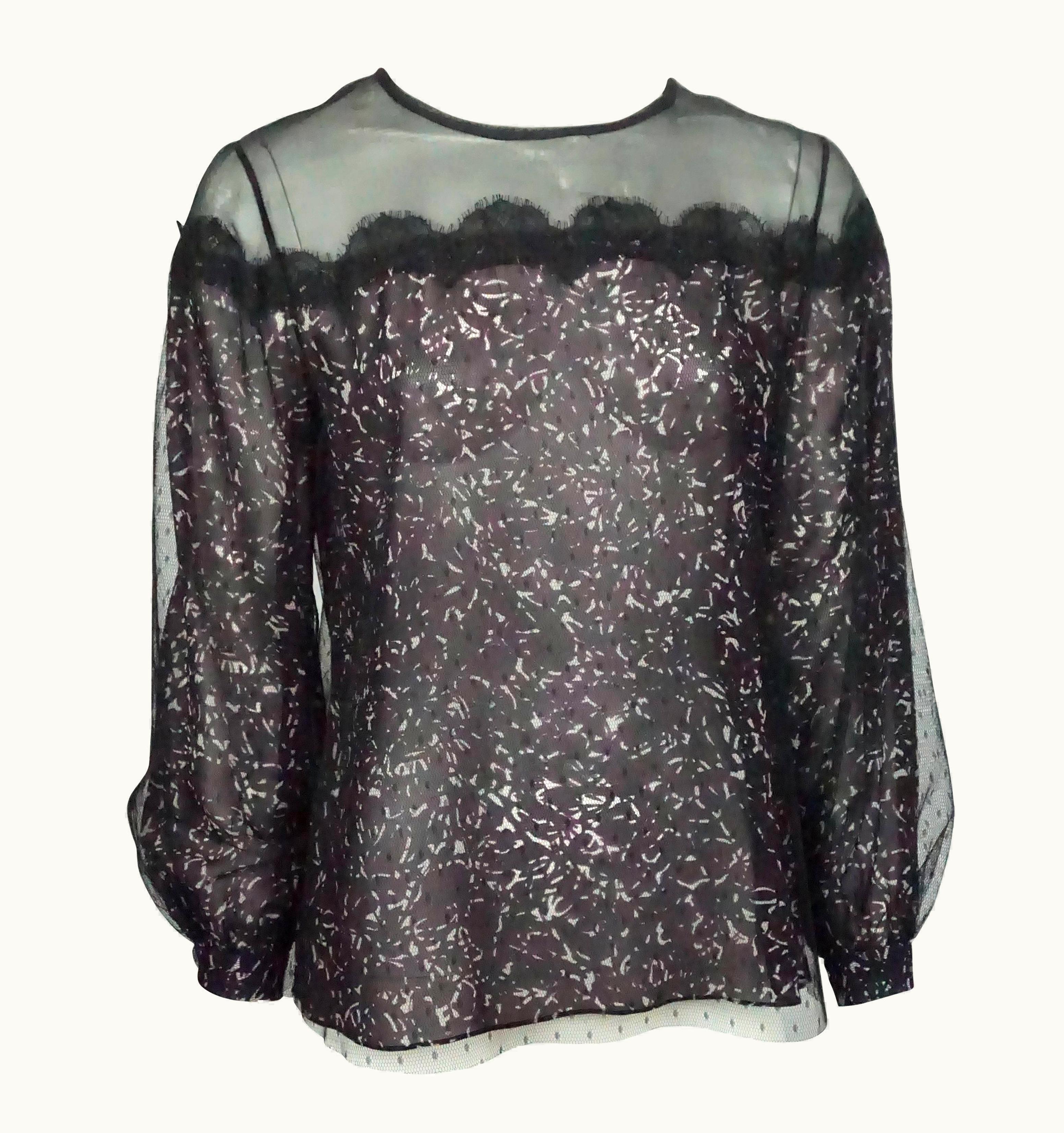 Oscar De La Renta Oscar De La Renta Black/White/PurpleS/S Chiffon Print Top