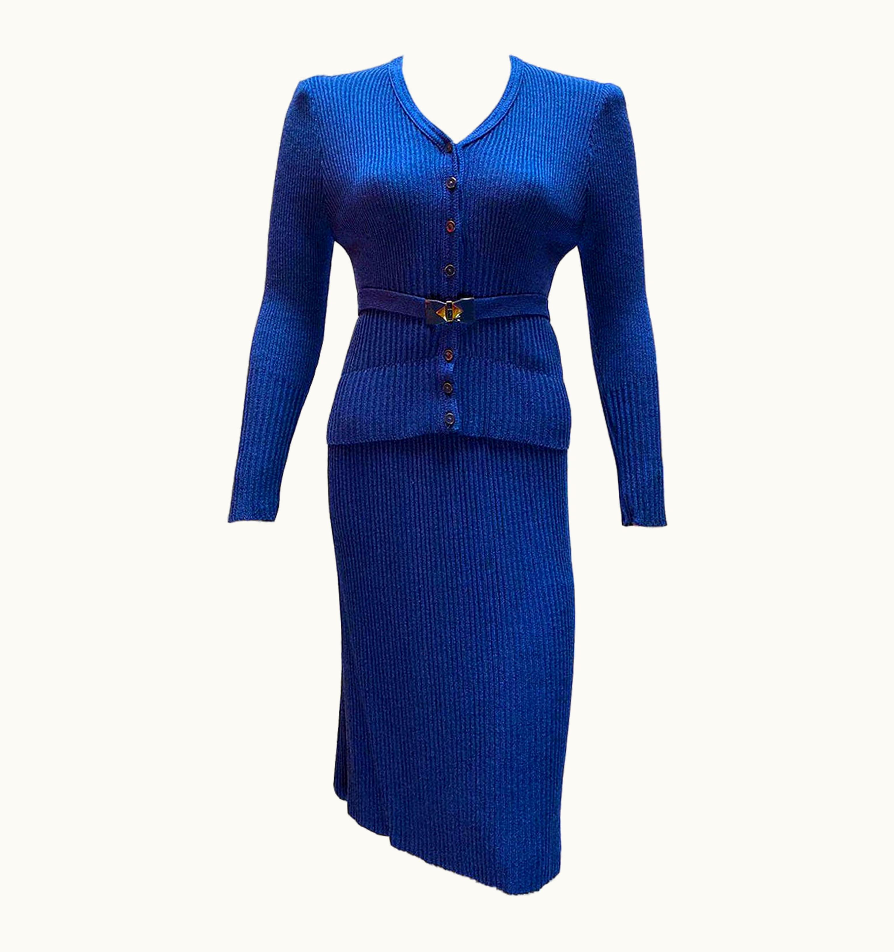 Oscar De La Renta Vintage Oscar De La Renta Matching Sweater Skirt Knitted Royal Blue Ensemble