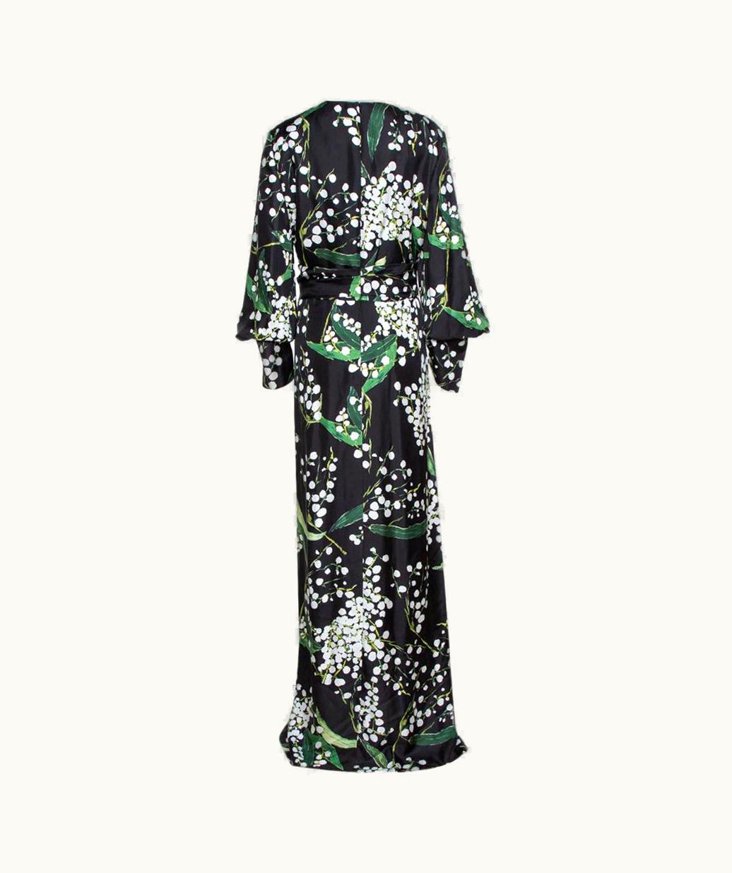 Oscar De La Renta Oscar De La Renta Black Floral Print Silk Draped Maxi Dress