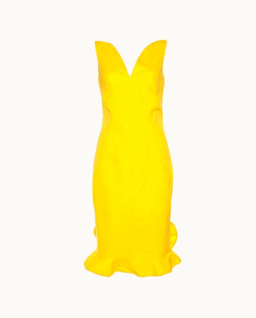 Oscar De La Renta Oscar De La Renta Yellow Stretch Cotton Ruffled Hem Midi Dress