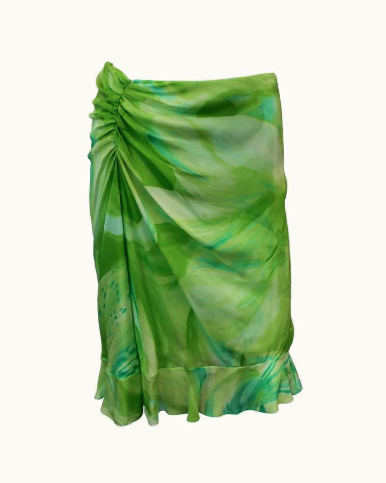 Oscar De La Renta Oscar De La Renta Green Watercolor-Like Floral Printed Silk Chiffon Skirt