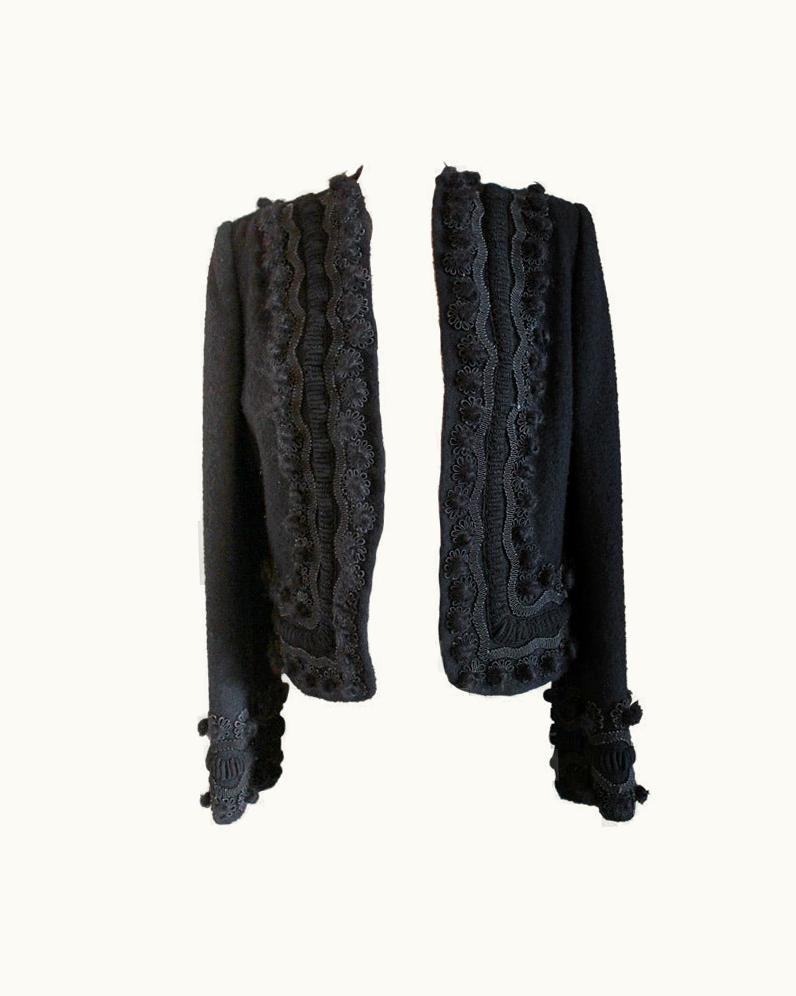 Oscar De La Renta Oscar De La Renta Black Wool Crop Jacket With Embroidery Trim