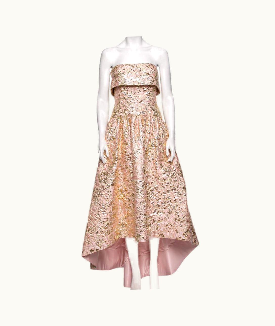 Oscar De La Renta Oscar De La Renta Pink And Gold Brocade Strapless Asymmetrical Gown