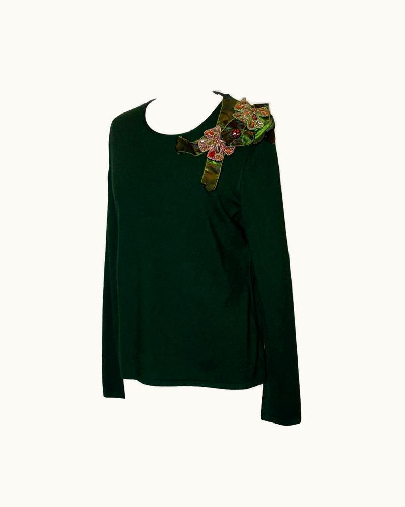 Oscar De La Renta Oscar De La Renta Emerald Cashmere/Silk Blend Round Neck Sweater - Large