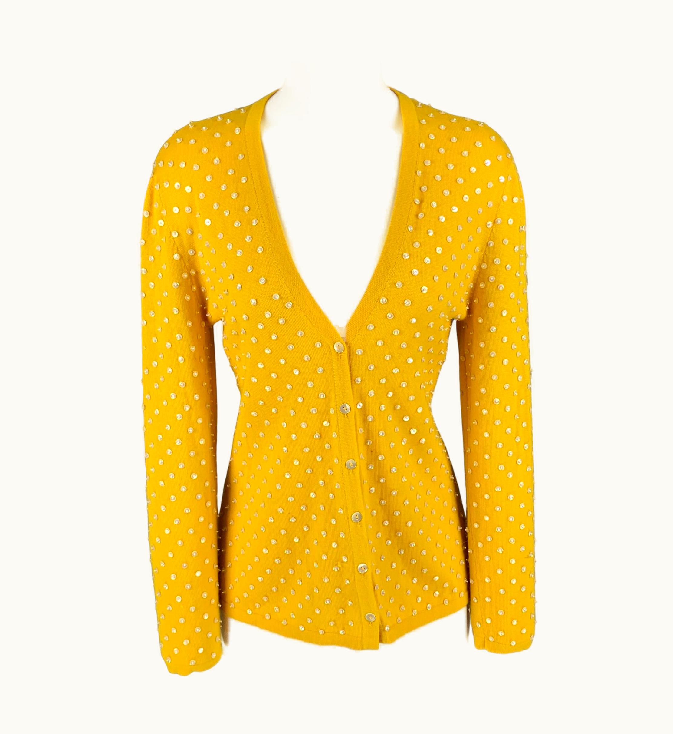 Oscar De La Renta Oscar De La Renta Yellow Cashmere Beaded Open Front Cardigan