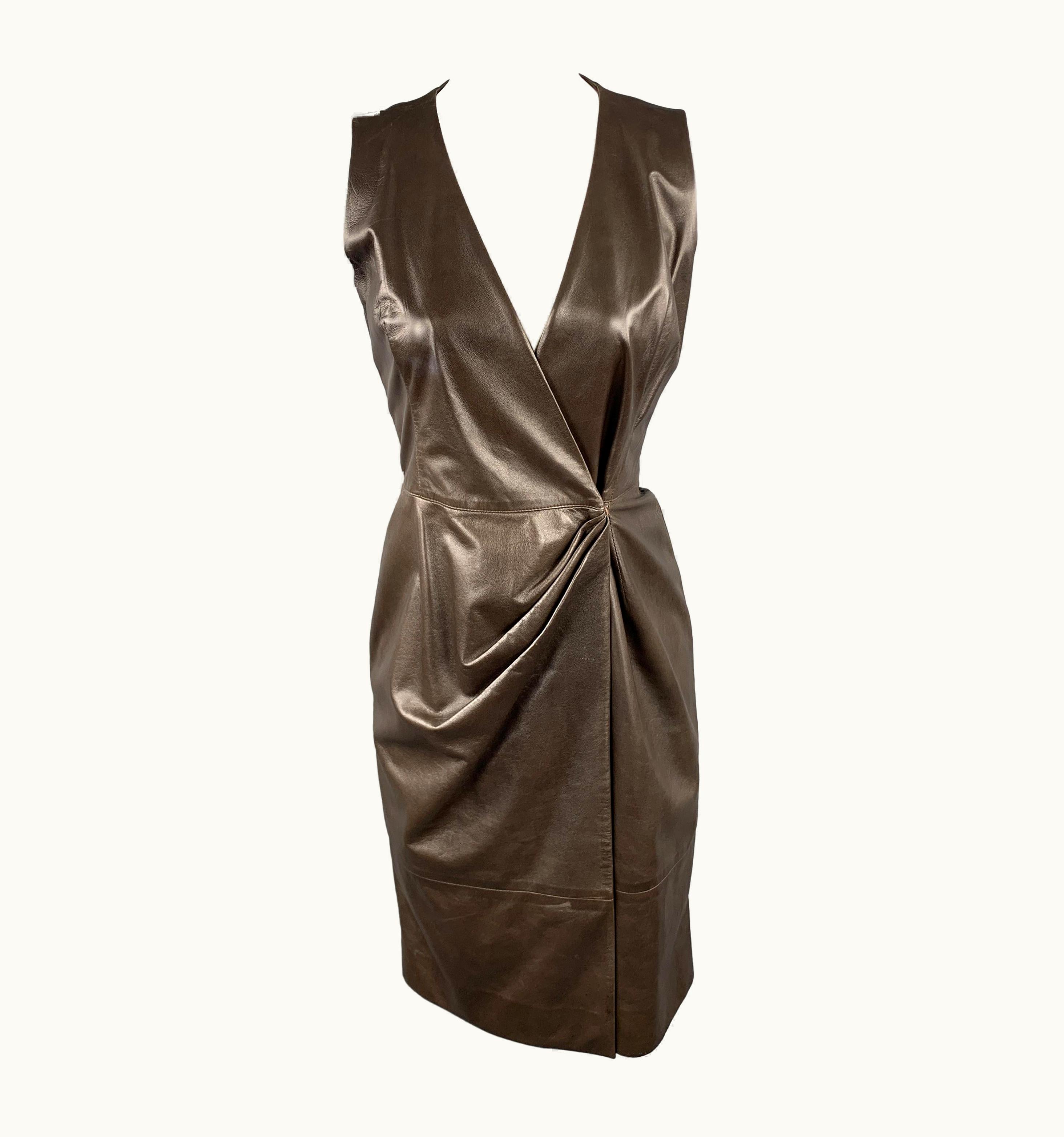 Oscar De La Renta Oscar De La Renta Brown Leather Draped Sleeveless Wrap Dress