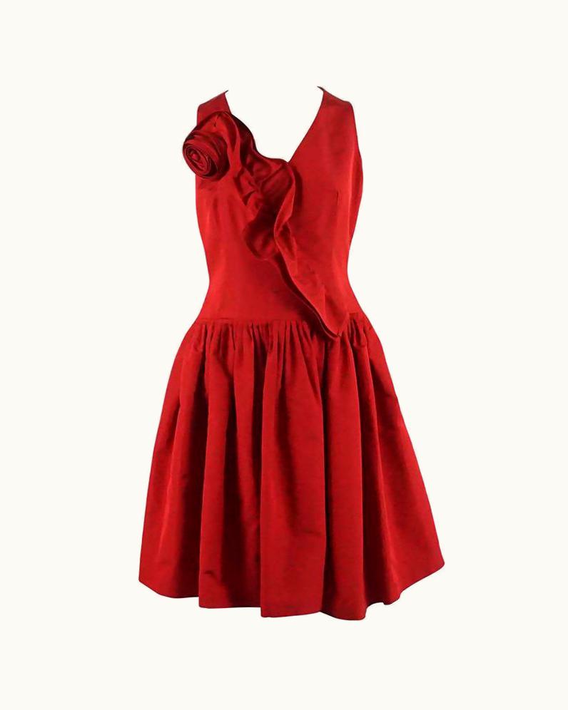 Oscar De La Renta Oscar De La Renta Red Silk Taffeta Dress With Rose Detail