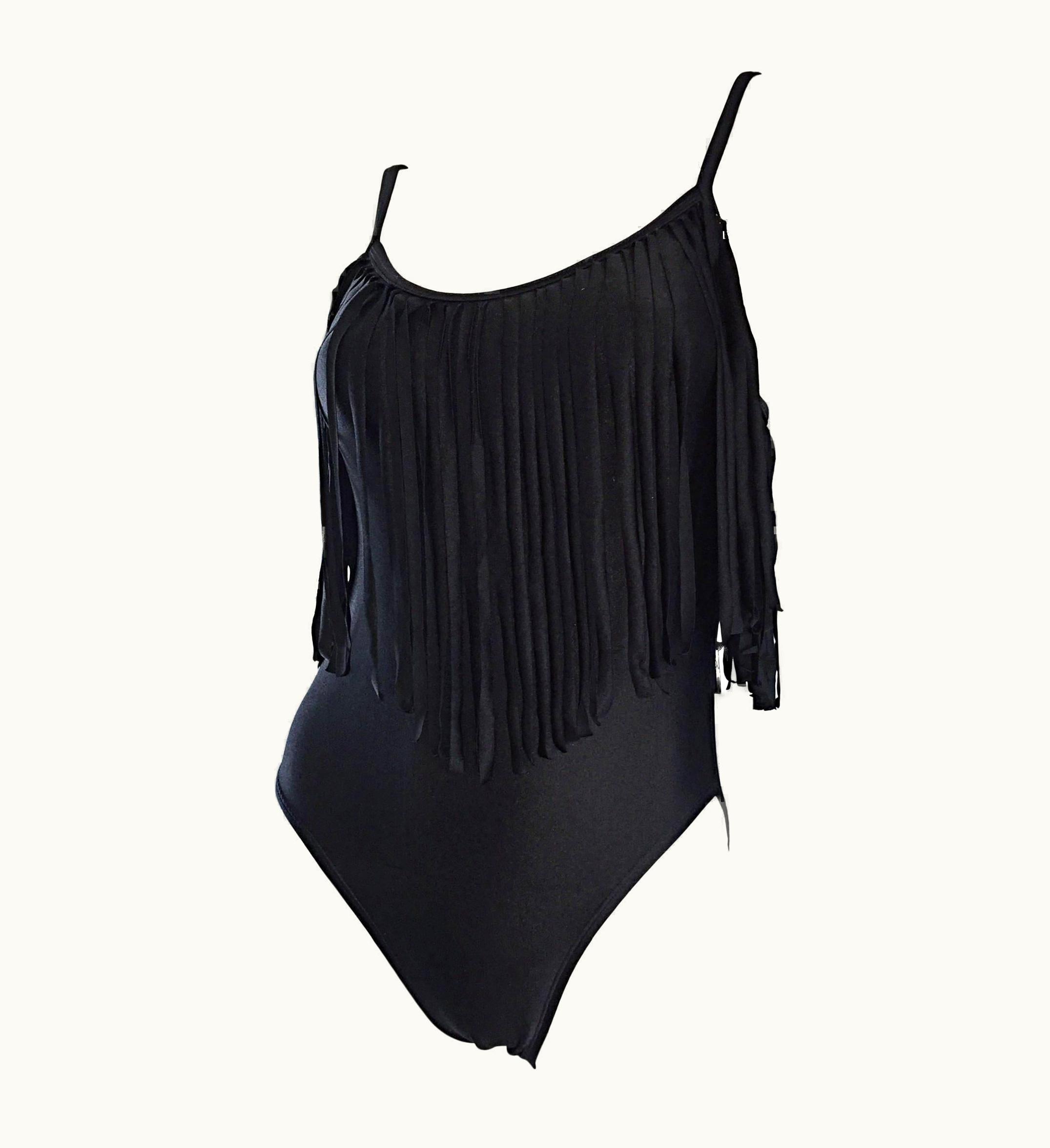Oscar De La Renta Oscar De La Renta Vintage Black Fringed One Piece Swimsuit S/S Bodysuit Leotard