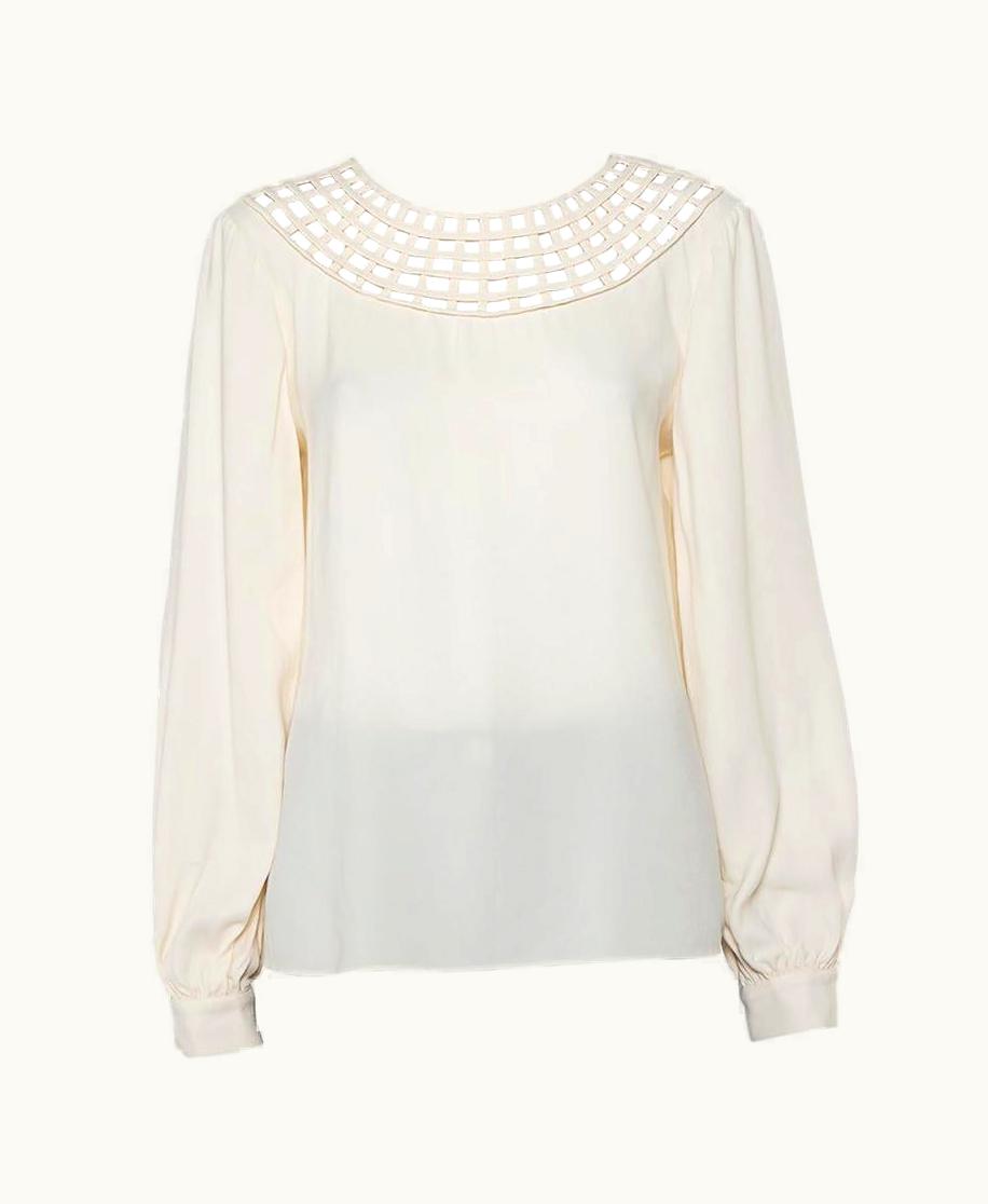 Oscar De La Renta Oscar De La Renta Off White Silk Grid Neckline Detail Top Xl