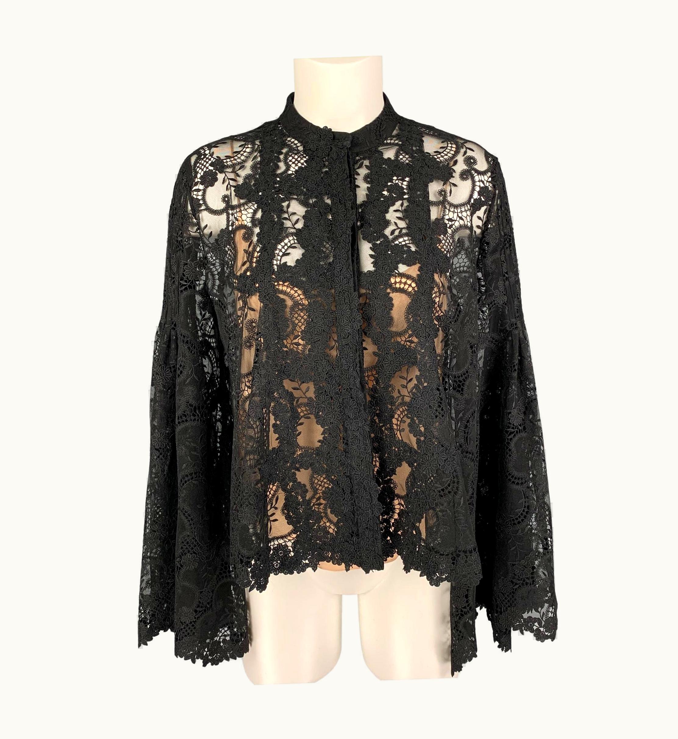 Oscar De La Renta Oscar De La Renta Black Silk Lace Bell Sleeves Blouse
