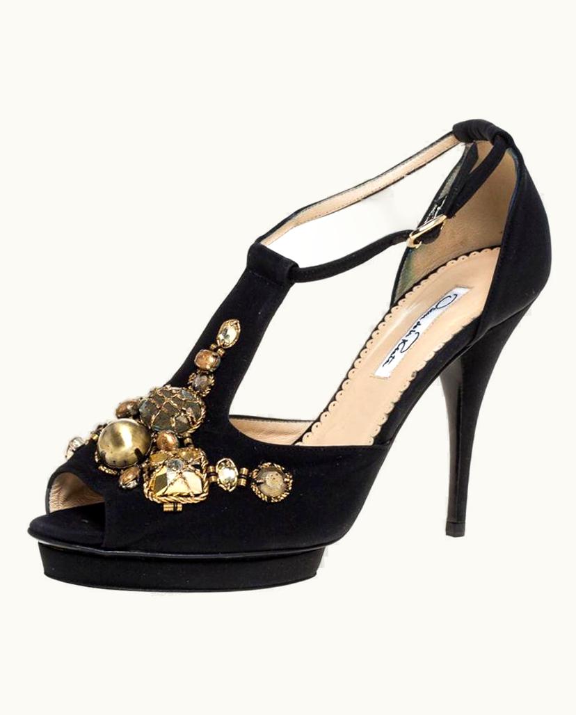 Oscar De La Renta Oscar De La Renta Black Fabric Embellished Platform Ankle Strap Sandals