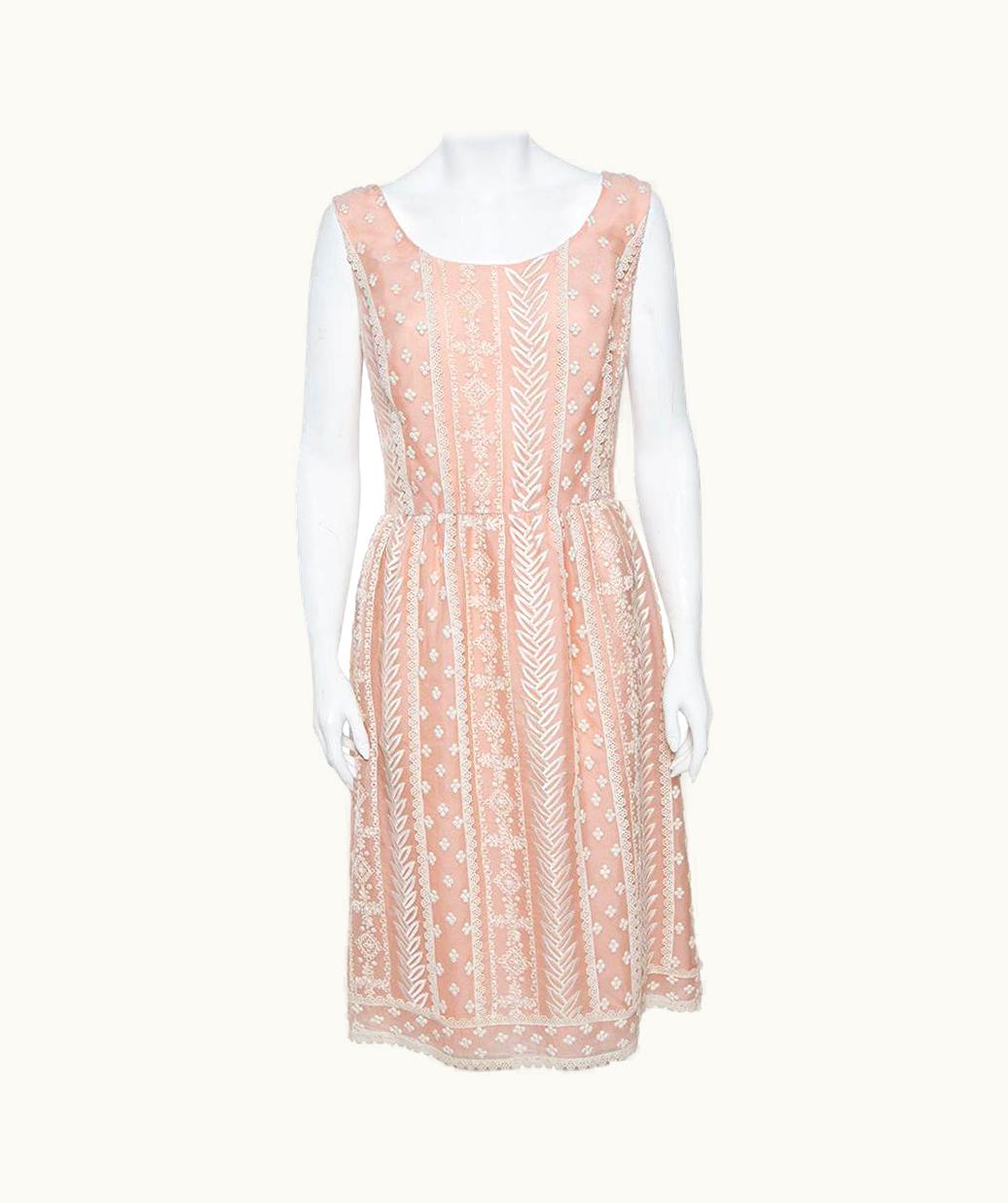 Oscar De La Renta Oscar De La Renta Pale Pink Organza Silk Embroidered Sleeveless Dress Xl