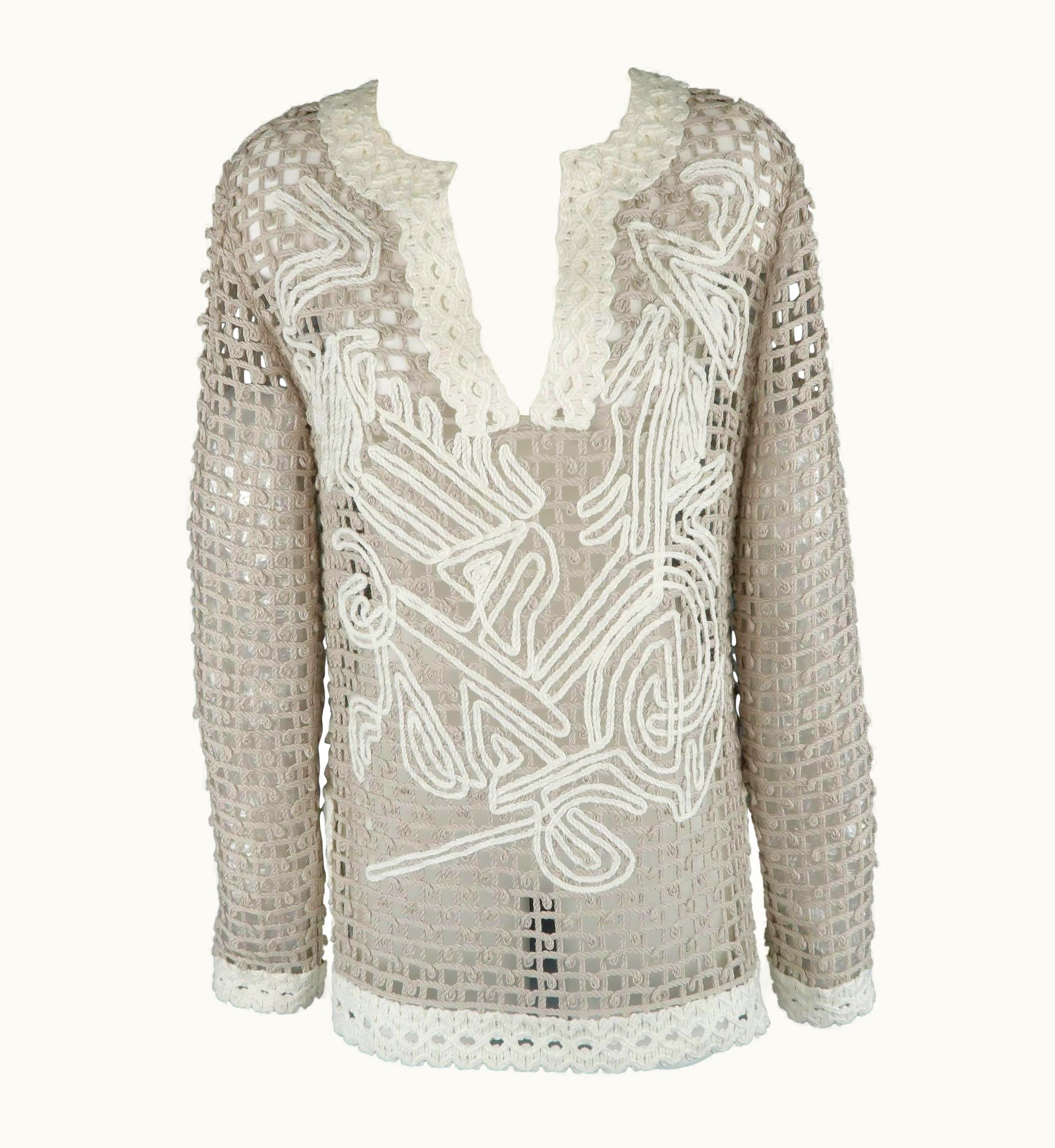 Oscar De La Renta Oscar De La Renta Taupe And Cream Cotton Crochet Knit Tunic Pullover