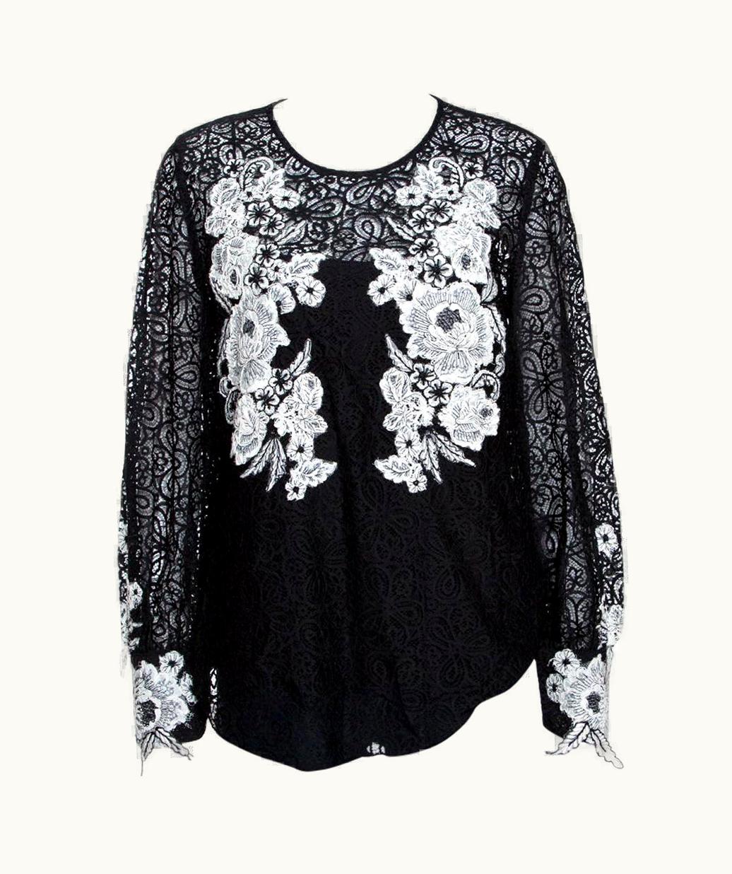 Oscar De La Renta Oscar De La Renta Black & White Floral Lace Long Sleeve Blouse