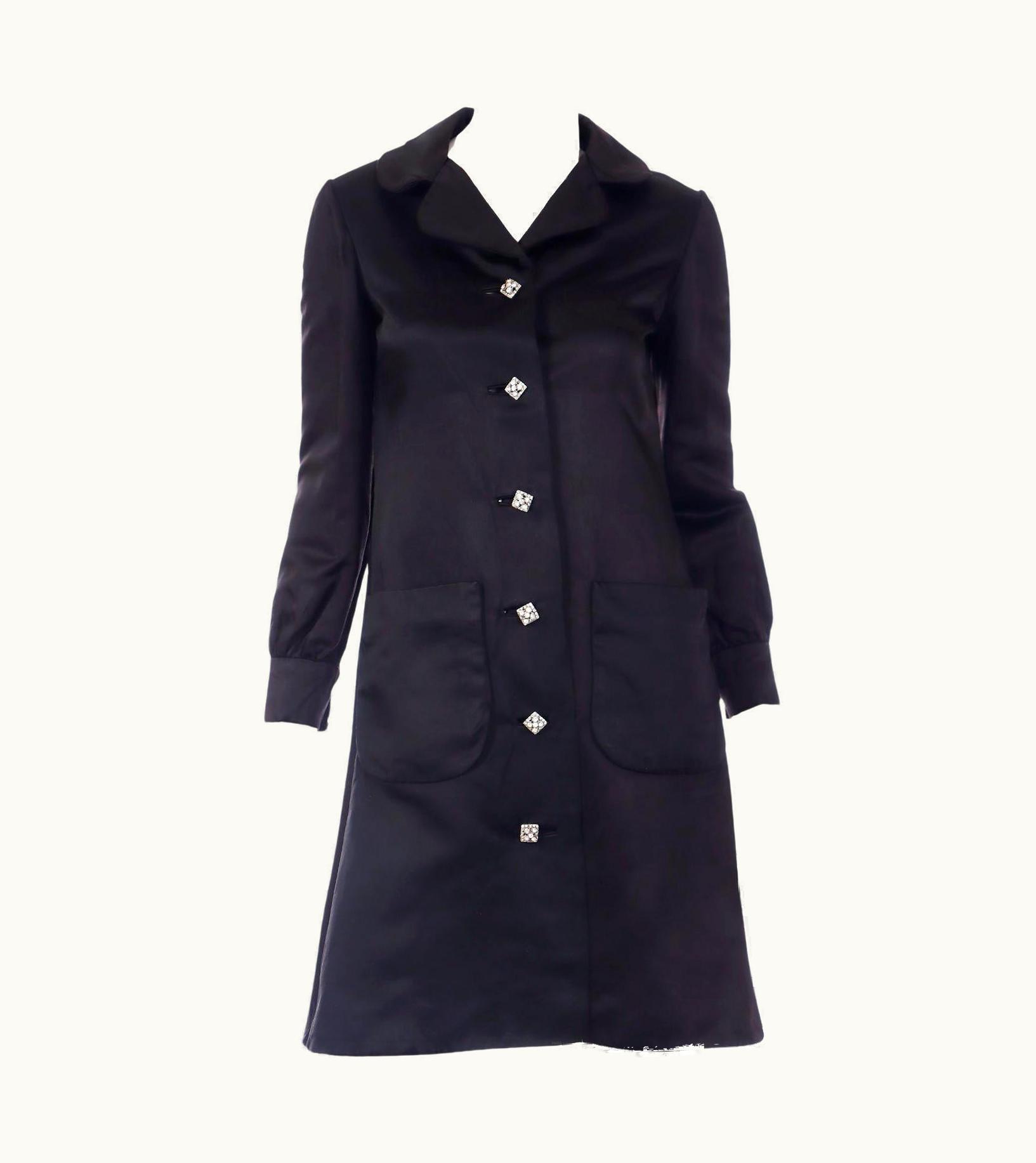 Oscar De La Renta 1960s Oscar De La Renta Black Satin Evening Coat W Rhinestone Buttons