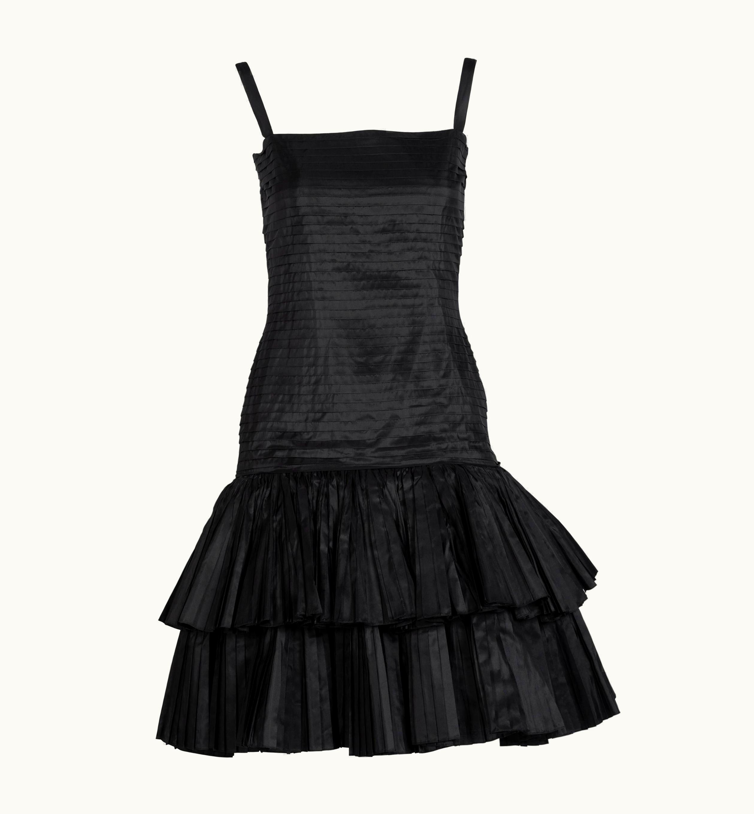 Oscar De La Renta Oscar De La Renta Black Silk Taffeta Pleated Ruffle Cocktail Dress, 1980s