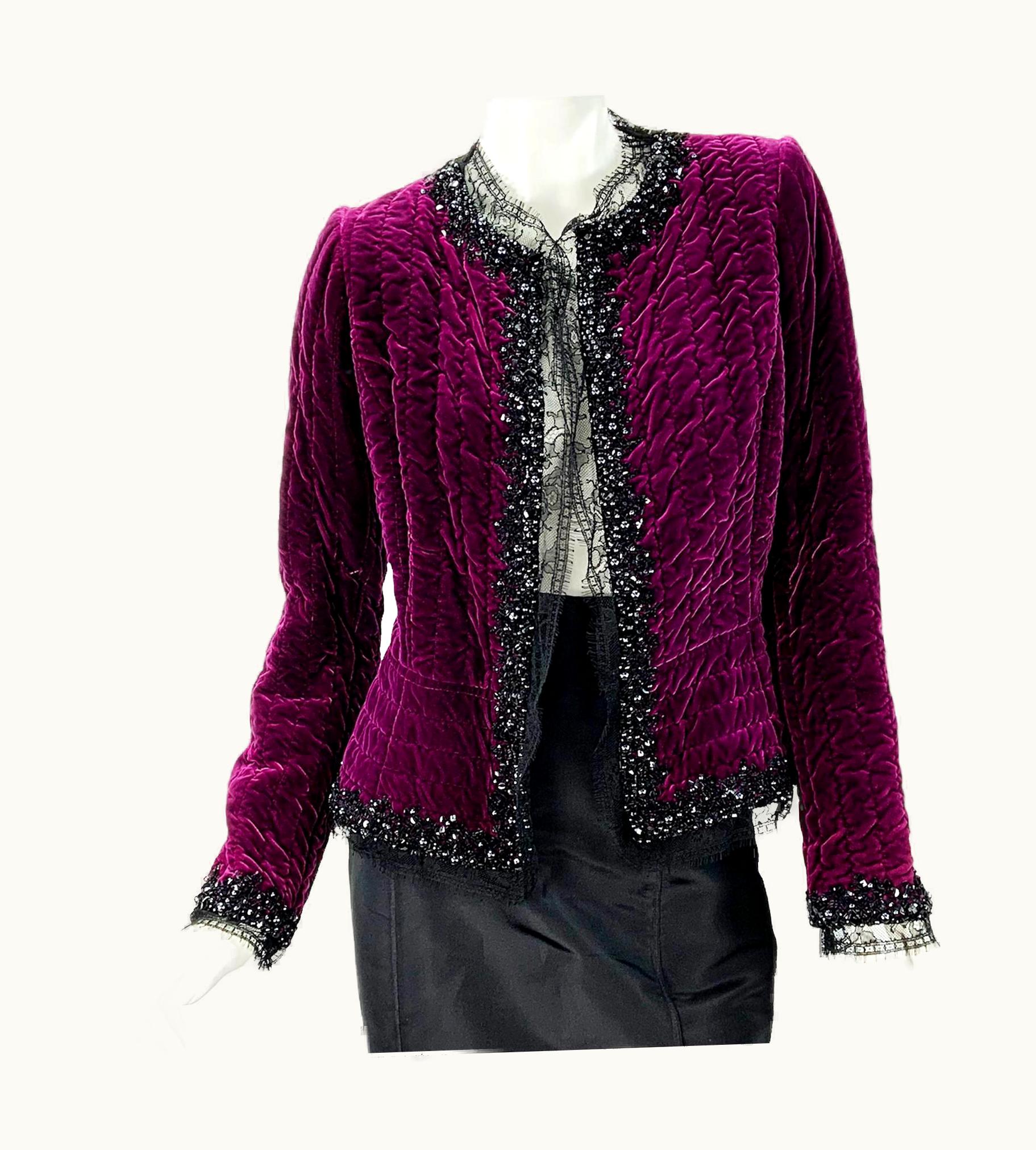 Oscar De La Renta Vintage Oscar De La Renta Velvet Quilted Lace Beads Embellished Fitted Jacket