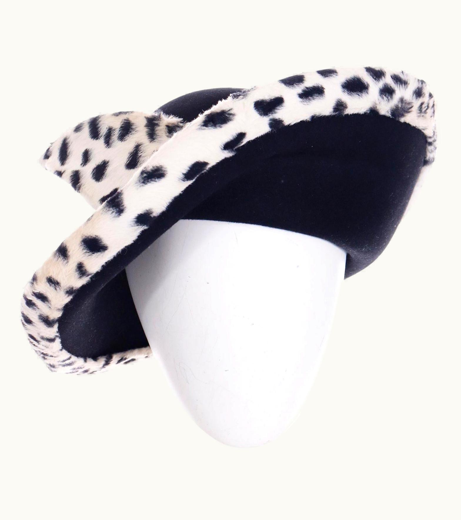 Oscar De La Renta Oscar De La Renta Millinery Vintage Black Wool Faux Snow Leopard Fur Hat