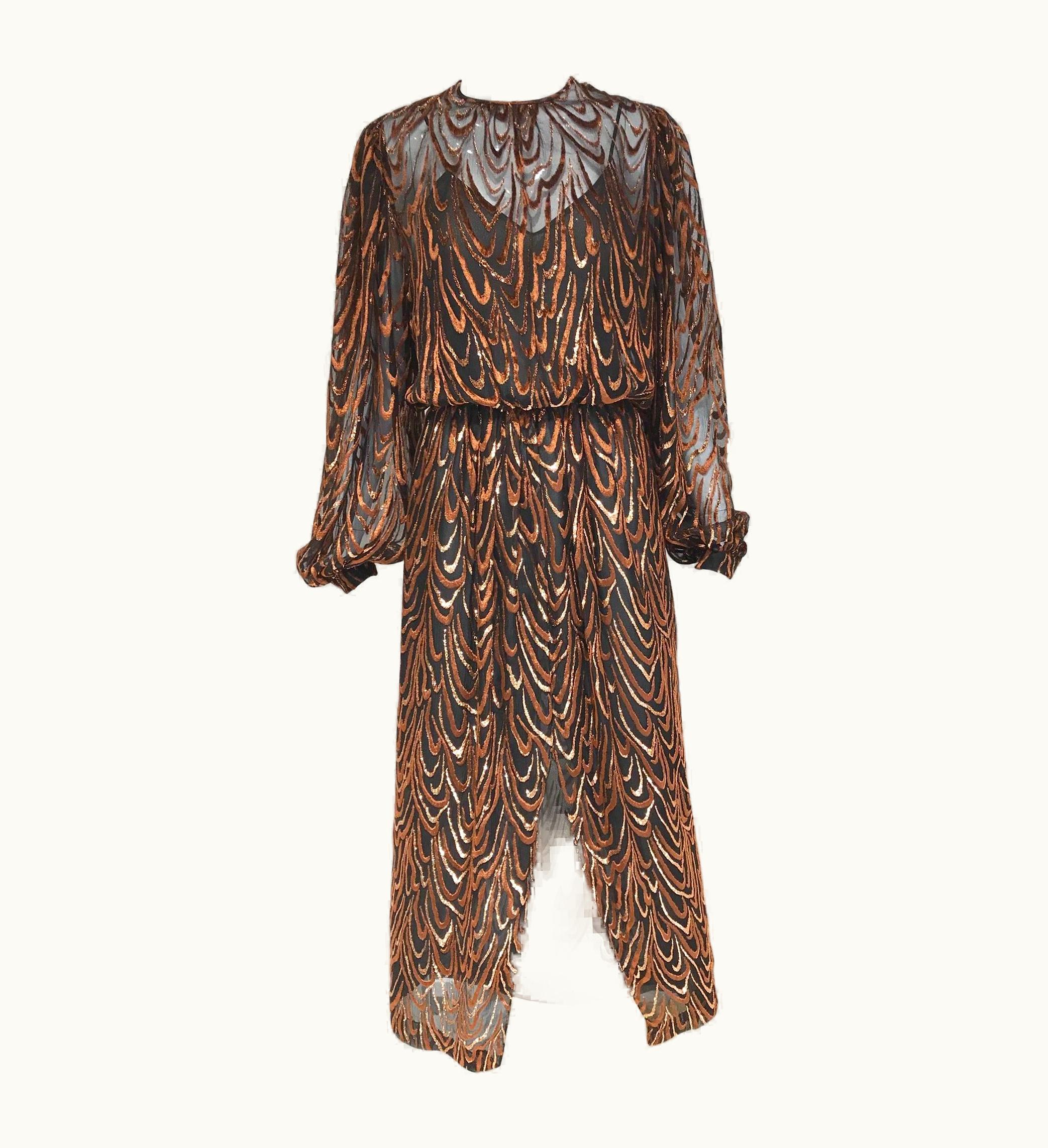 Oscar De La Renta Vintage 1980s Oscar De La Renta Brown Silk Velvet Devore Long Sleeve Dress