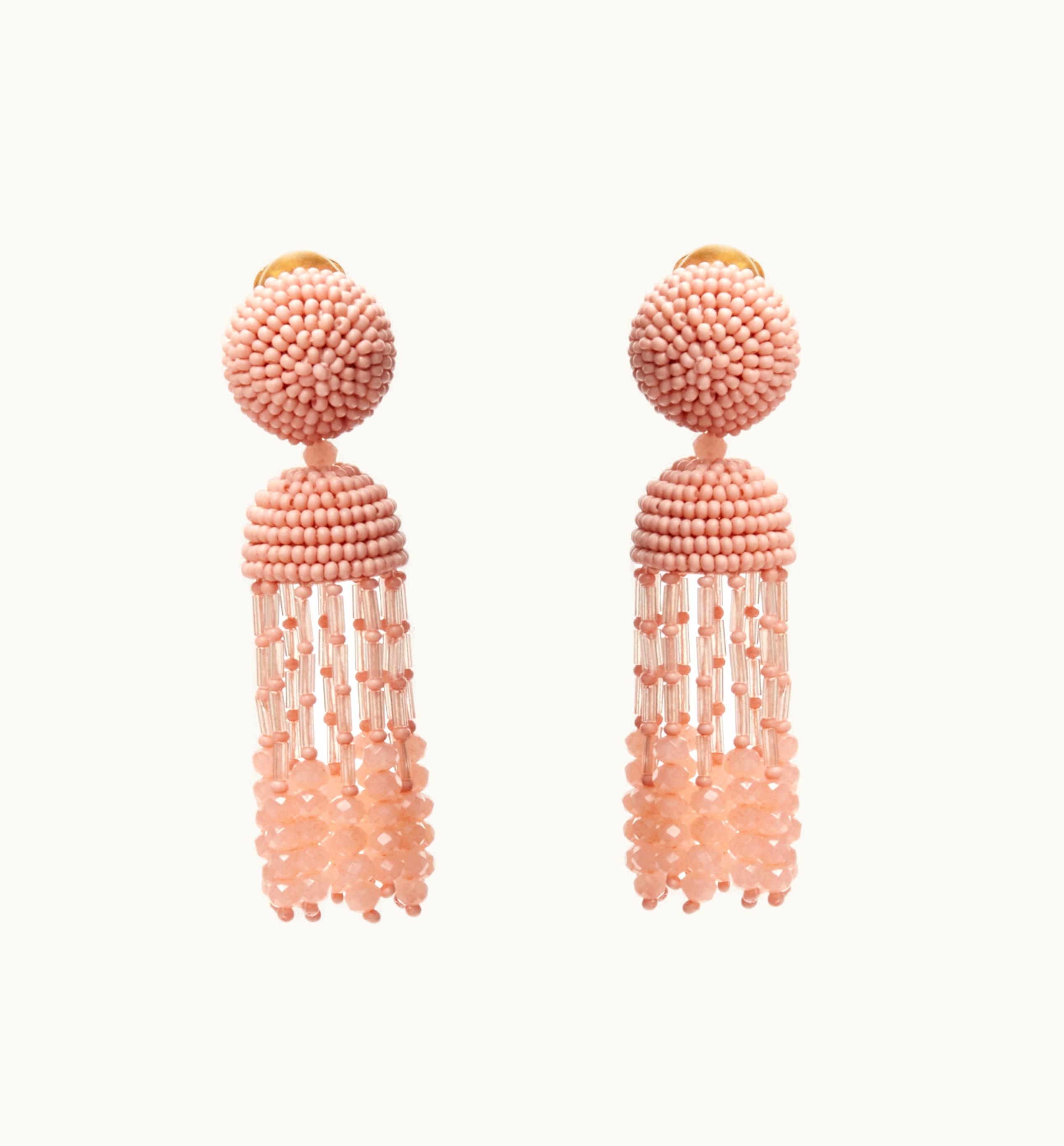 Oscar De La Renta Oscar De La Renta Signature Pink Bead Embellished Tassel Clip On Earrings