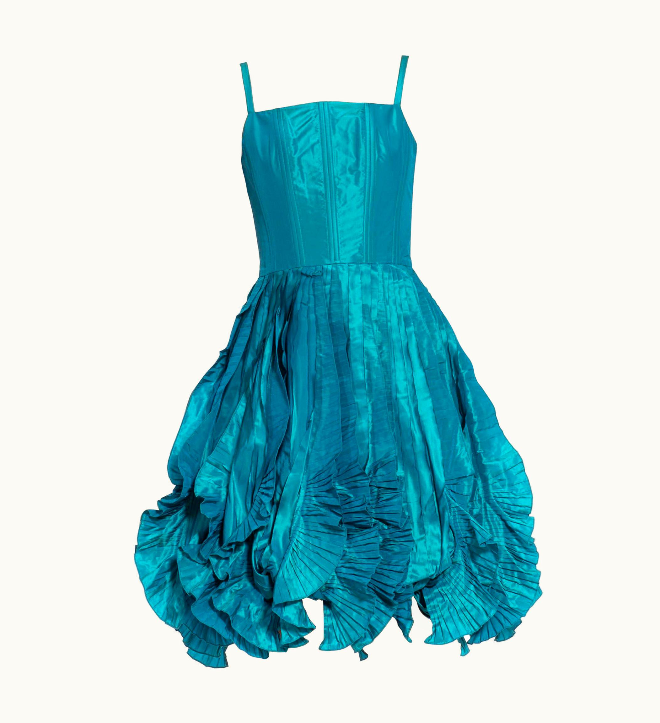 Oscar De La Renta 2000s Oscar De La Renta Teal Silk Taffeta Pleated & Ruffled Balloon Skirt Cockt