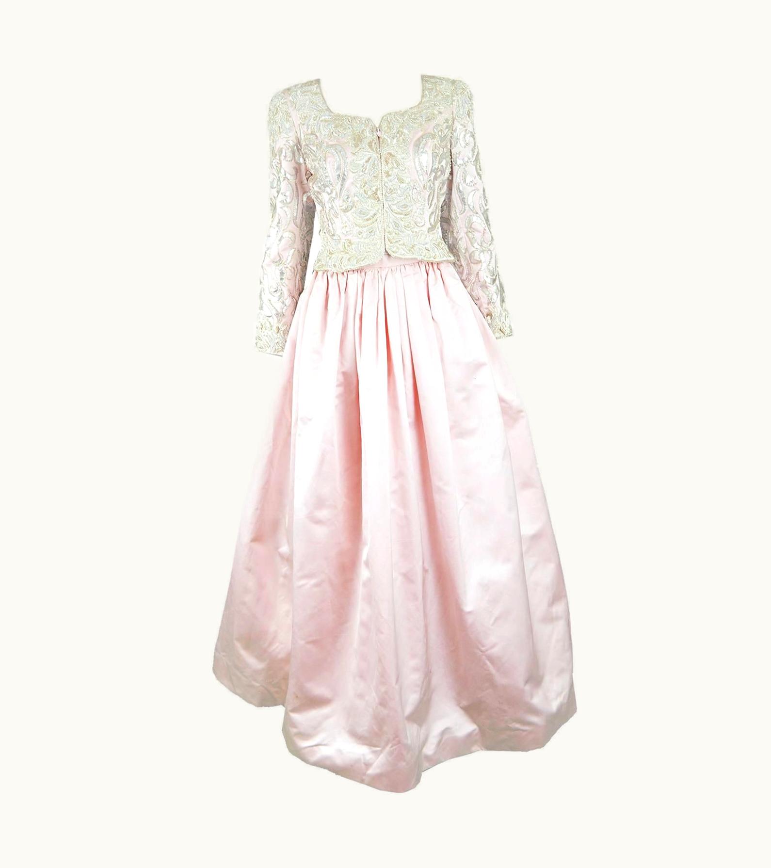 Oscar De La Renta Oscar De La Renta Pink Silk Satin And Embroidered Leather Appliqué Evening Set