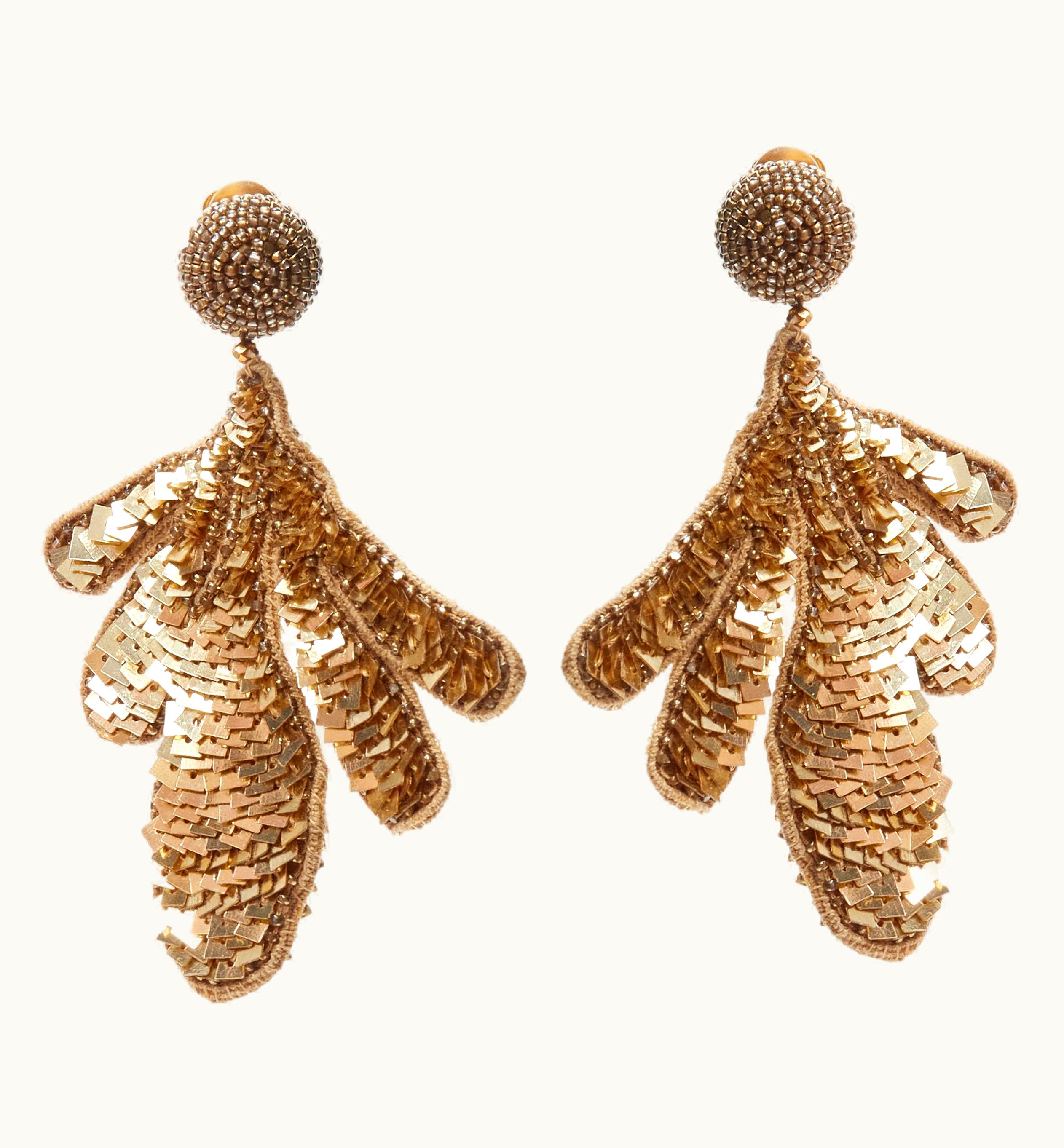 Oscar De La Renta Oscar De La Renta Gold Sequin Bead Leaf Statement Clip On Earring