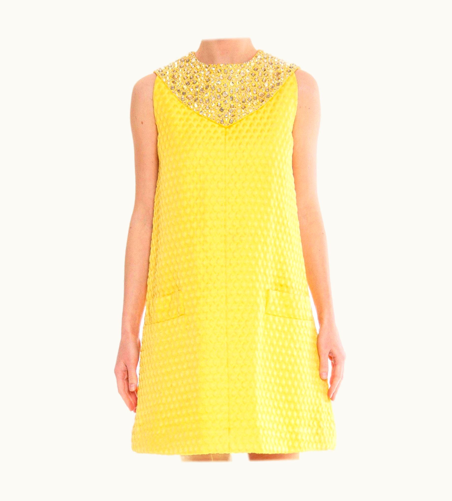 Oscar De La Renta 1960 Oscar De La Renta Yellow Geometric Rayon Blend Matelassé Cocktail Dress Wi
