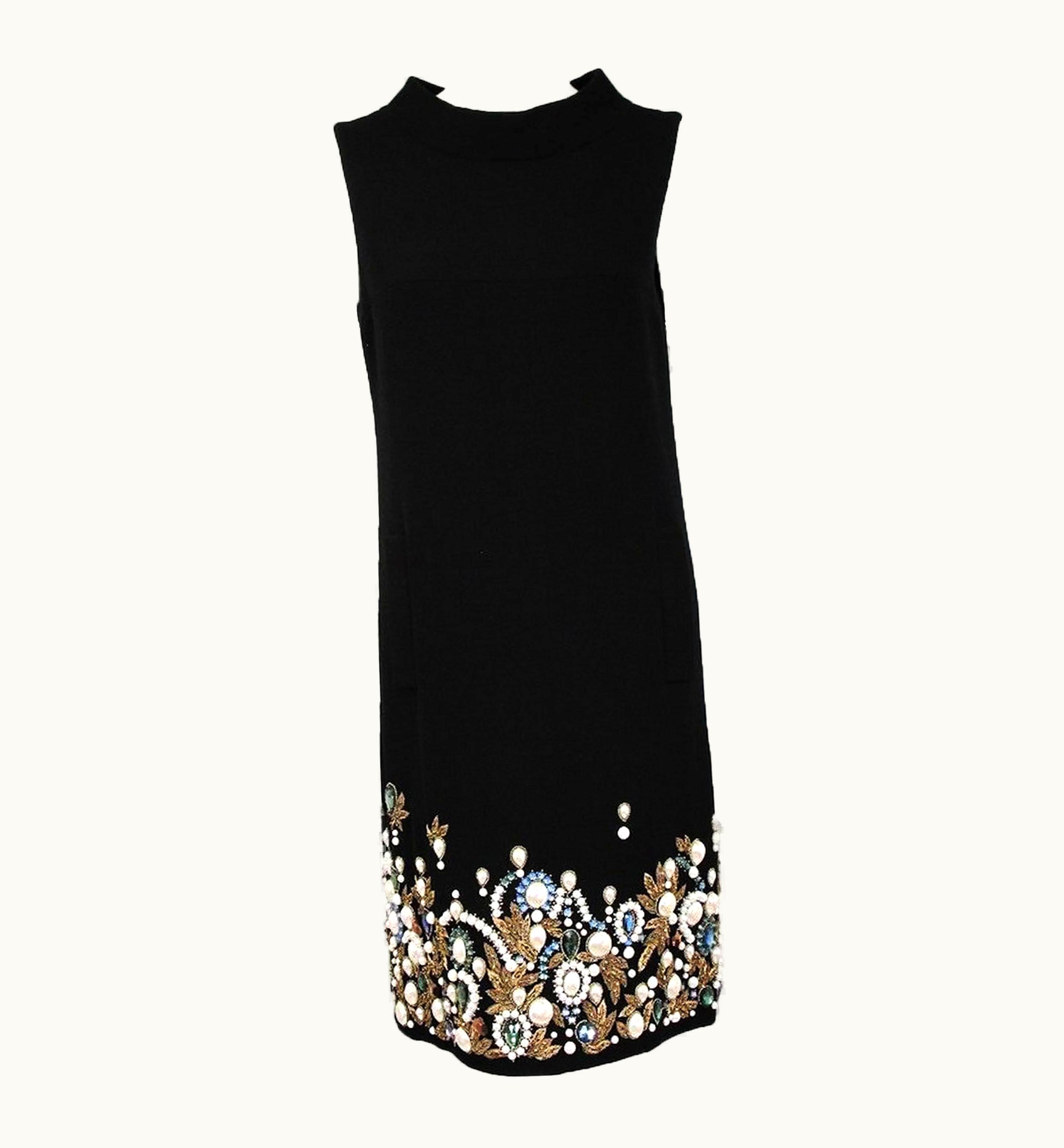 Oscar De La Renta Oscar De La Renta Black Wool Cocktail Dress With Gem Embroidery Us