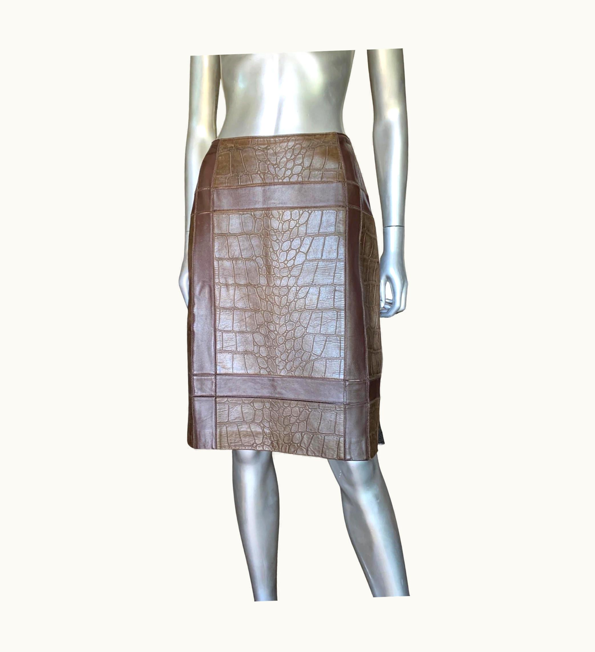 Oscar De La Renta Oscar De La Renta Luxe Brown Leather Alligator Embossed Skirt Sfa