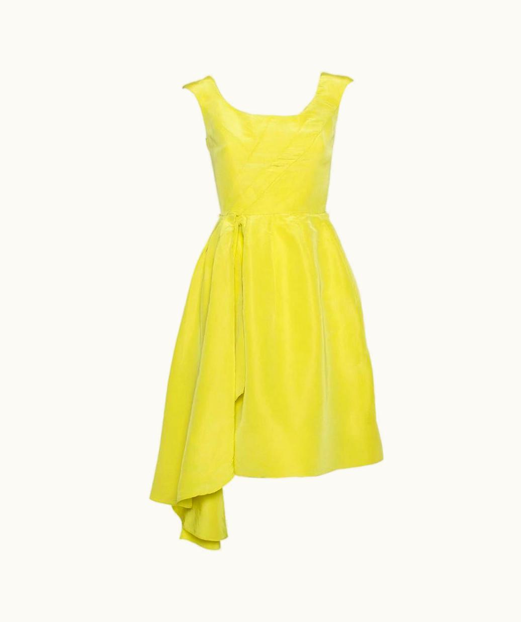 Oscar De La Renta Oscar De La Renta Yellow Silk Front Drape Detail Sleeveless Midi Dress
